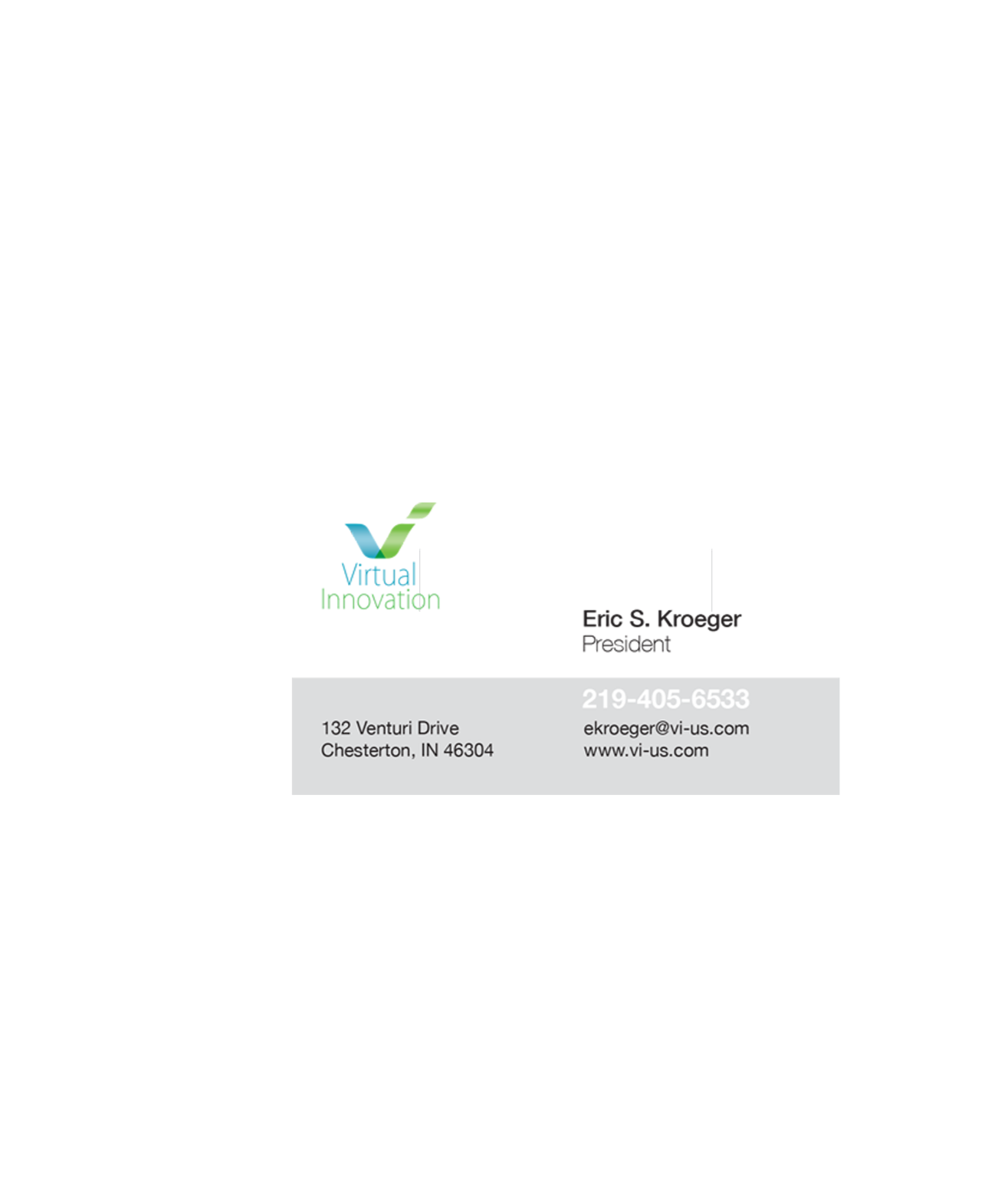Business card with logo of Virtual Innovation and contact information including address in Chesterton, Indiana, phone number, email, and website.