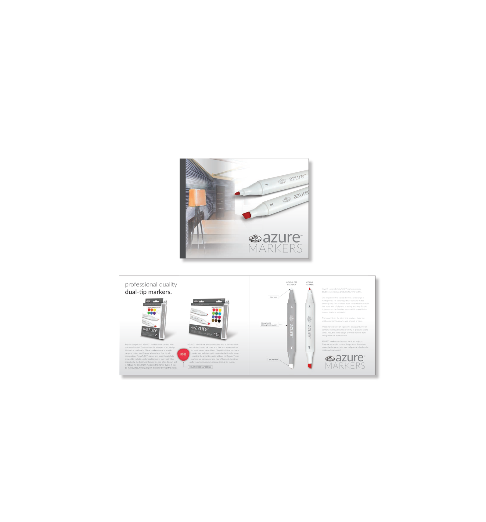 A package of Azure dual-tip markers with two white markers shown, one with a red cap and one with a red chisel tip. The package background features a modern interior with furniture and a lamp. The bottom section displays product information with imag