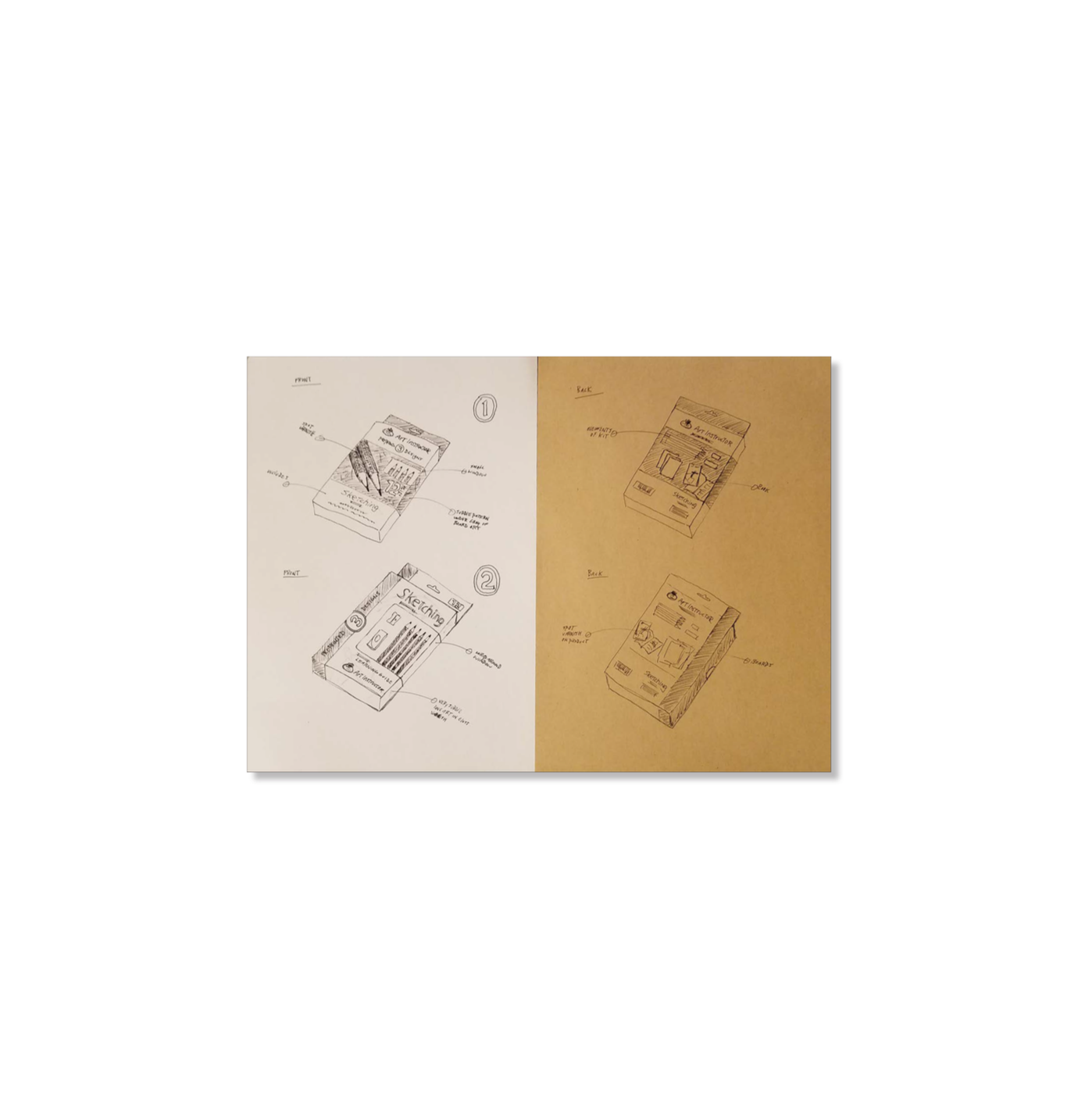 Sketches of product packaging designs, including front and back views with labels and notes, on white and brown paper.