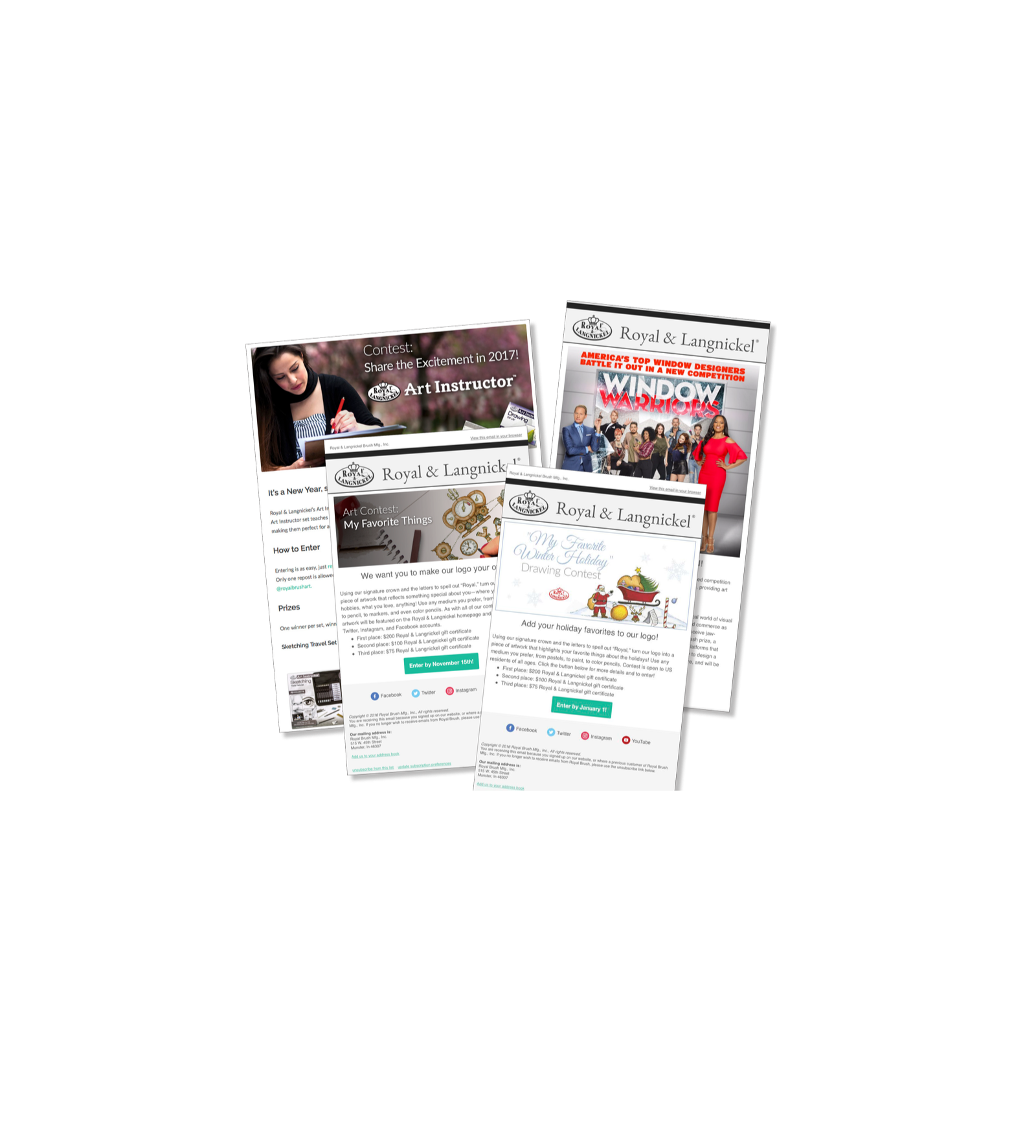 Collection of flyers with various contest announcements for Royal & Langnickel including art instructor, favorite things, winter holiday, and window warriors competitions, featuring images of people, artwork, and festive graphics.