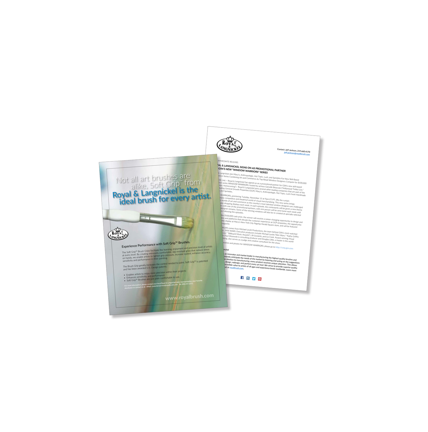 Two brochures about Royal & Langnickel art brushes, with the front brochure showing a paintbrush and the text "Not all art brushes are alike, Soft Grip from Royal & Langnickel is the ideal brush for every artist."