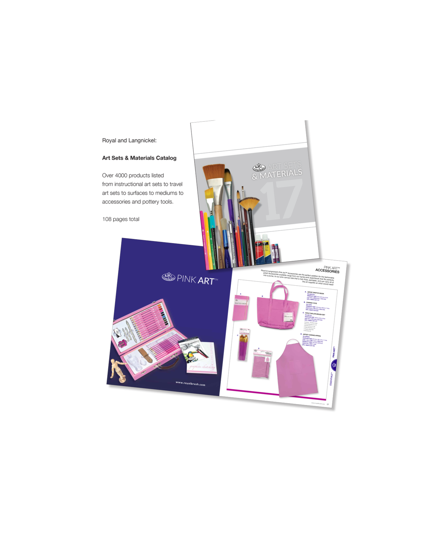 Open art supplies catalog with images of painting brushes, colored pencils, paint tubes, and pink art accessories on glossy pages.