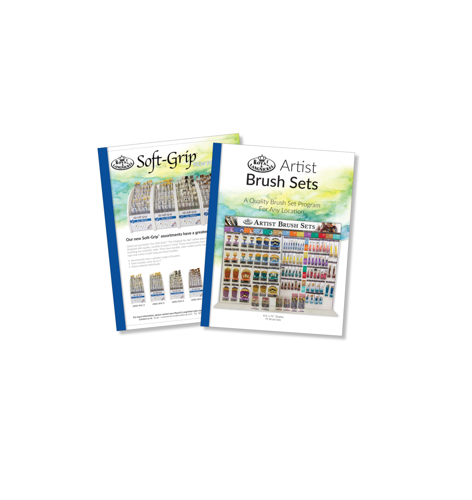 Two catalogs for artist brush sets, one for soft-grip brushes and one for a variety of artist brushes, displayed in a staggered arrangement.