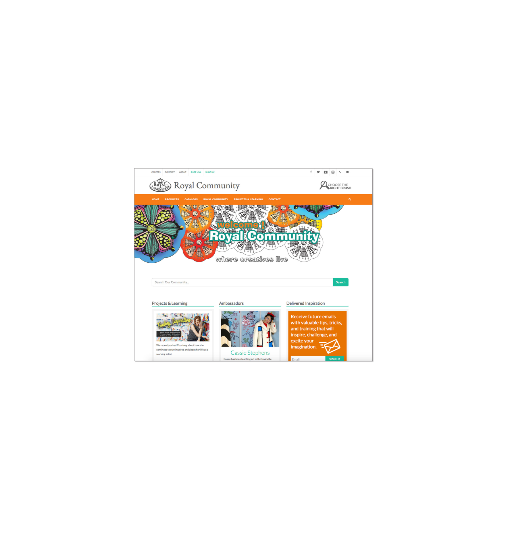 Screenshot of the Royal Community website homepage featuring a colorful butterfly and gear design, with menu tabs for Home, Products, Catalogs, Royal Community, Projects & Learning, and Contact.
