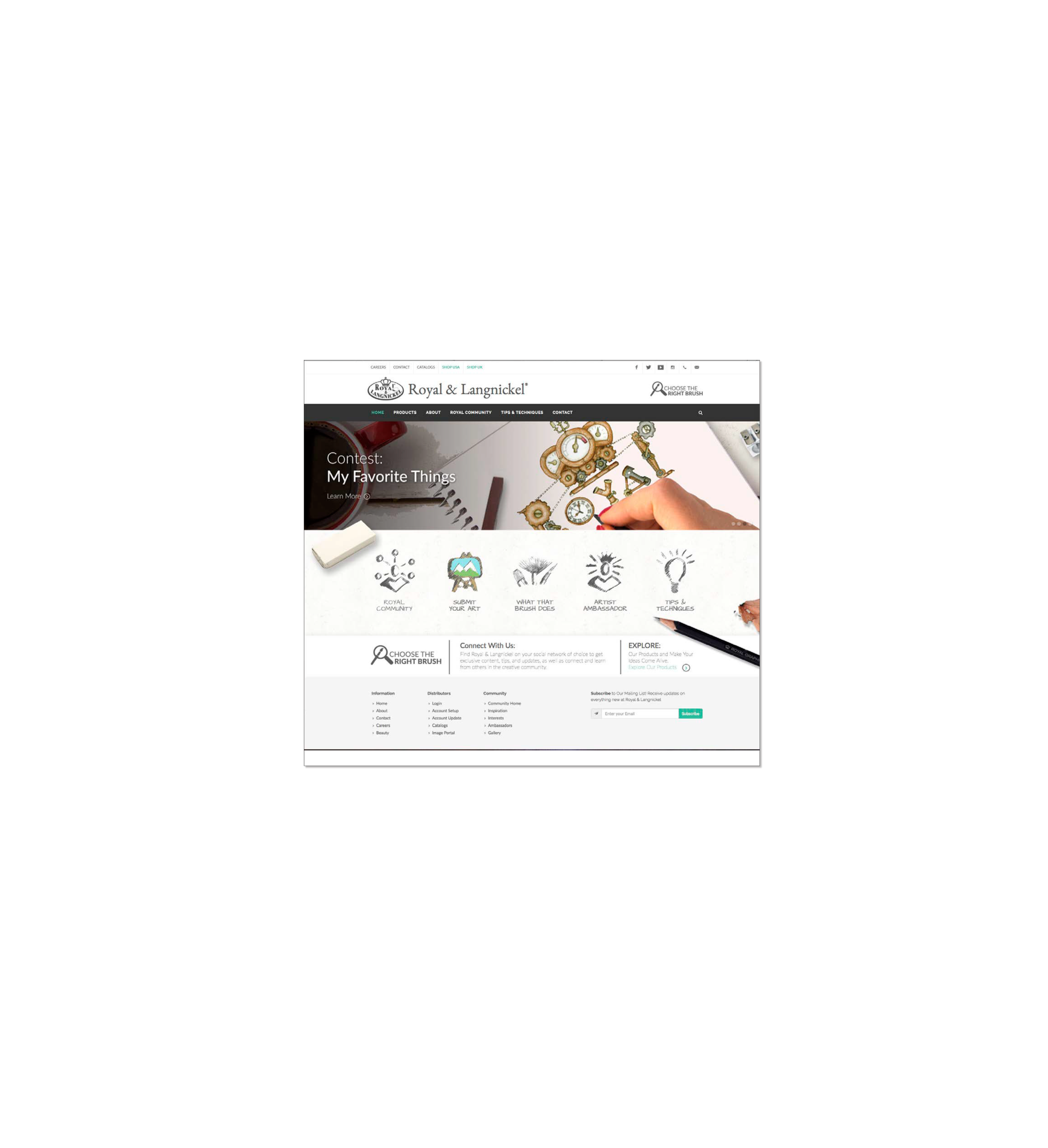 Screenshot of the Royal & Langnickel website homepage showing a contest titled "My Favorite Things" with images of art supplies and a hand using a brush to paint watch gears.