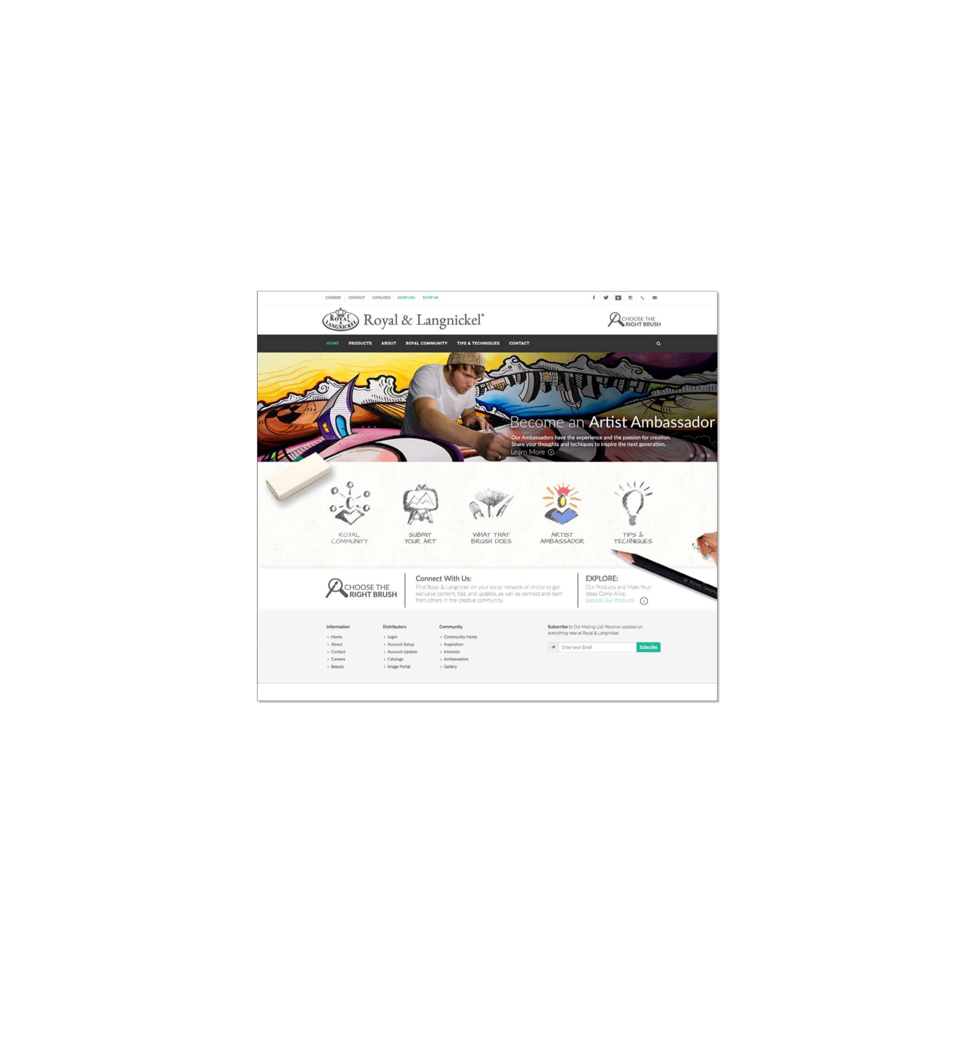 Screenshot of the Royal & Langnickel website showing a young person painting a colorful mural, with menu options and information about becoming an artist ambassador.