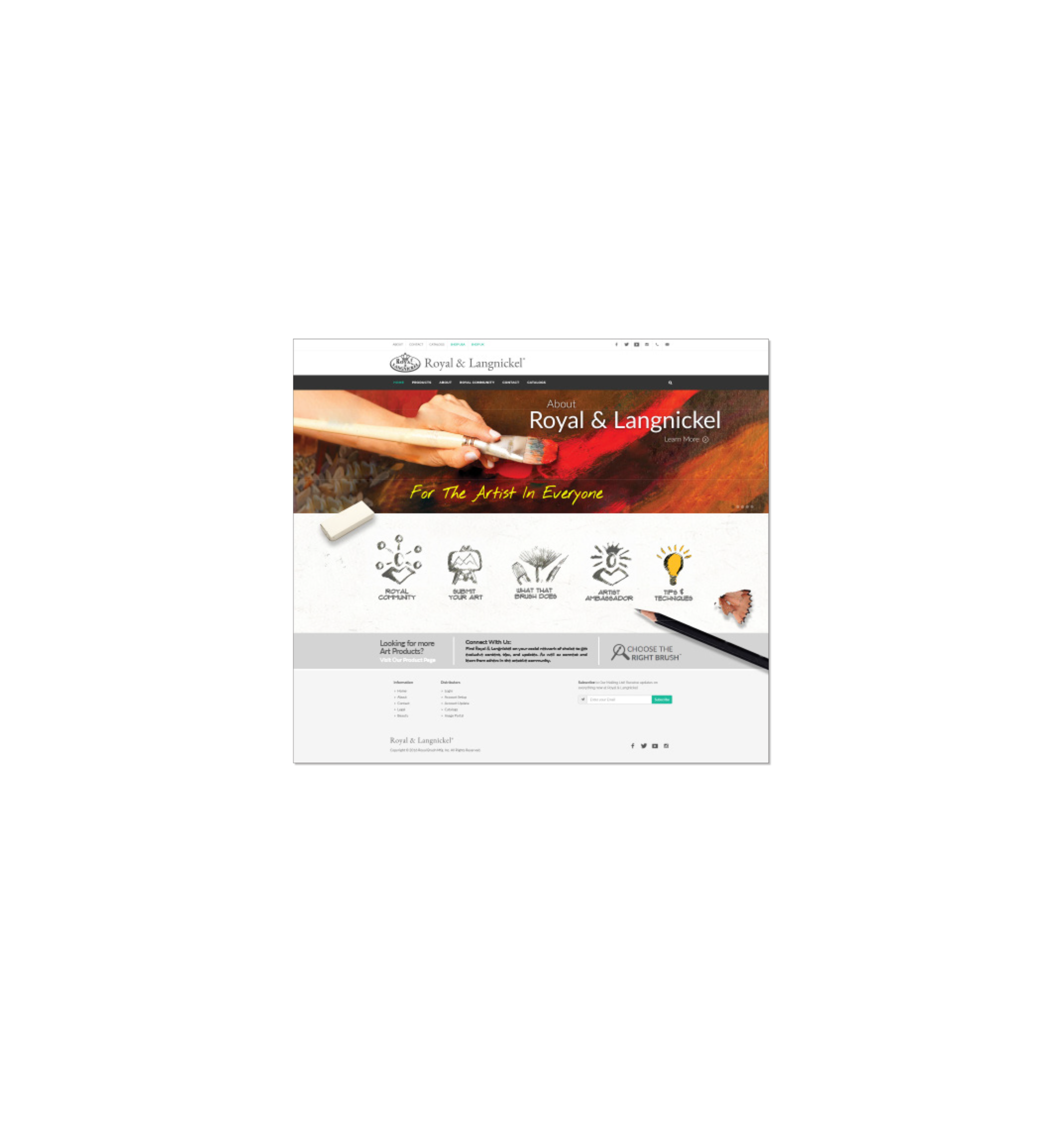 Screenshot of a website homepage for Royal & Langnickel art supplies, featuring a banner with a hand holding a paintbrush and text 'About Royal & Langnickel' and 'For The Artist In Everyone'.