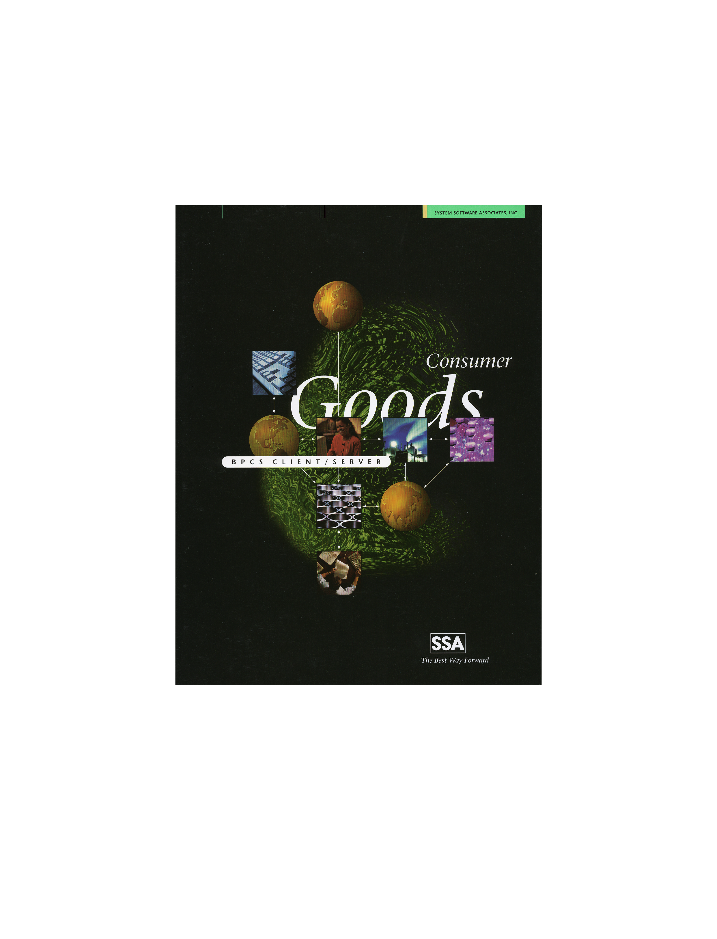 Book cover titled 'Consumer Goods: BPCS Client/Server' published by SSA with images of globes and technology elements on a black background.