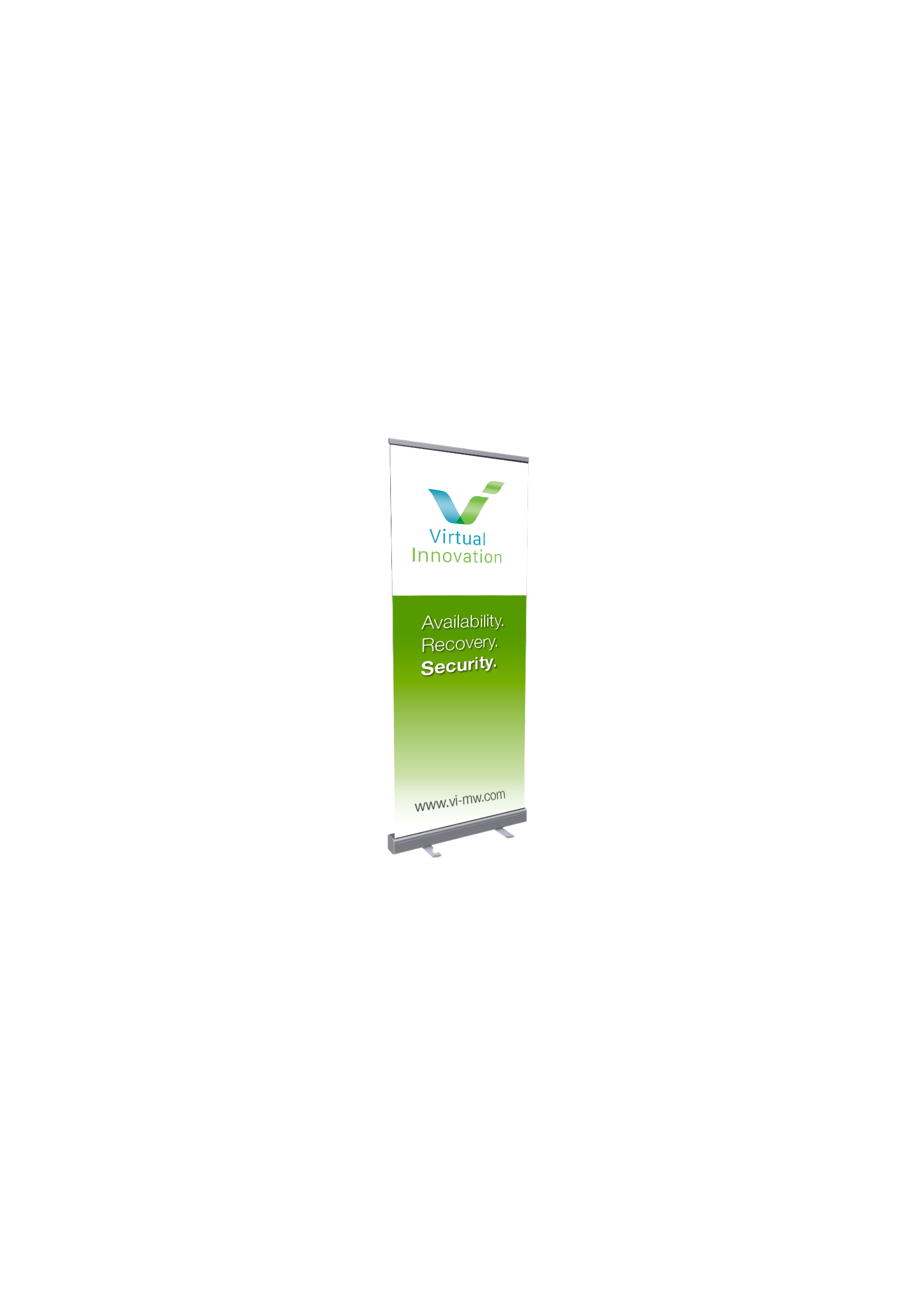A vertical roll-up banner display with a white and green color scheme, showing the logo and text for Virtual Innovation, highlighting availability, recovery, and security, with a web address at the bottom.