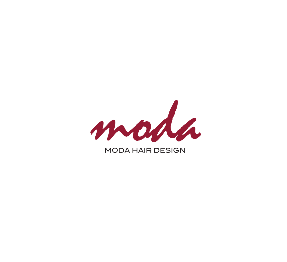 Black background with the word 'moda' written in maroon cursive in the center, and 'MODA HAIR DESIGN' written in smaller black uppercase letters below.