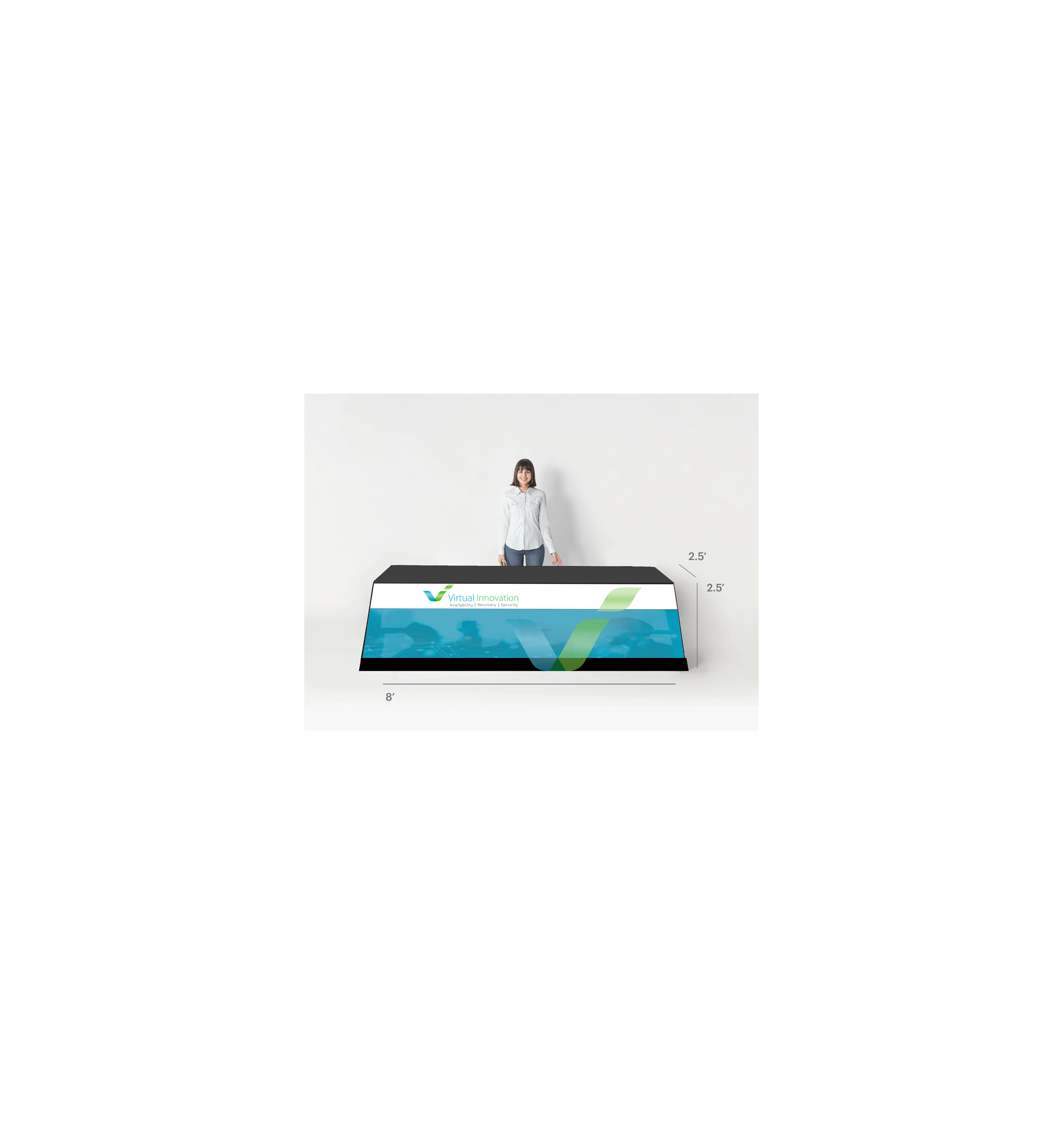 A woman standing next to a large digital screen with the logo 'Virtual Innovation' displayed on it. The screen measures 8 feet in width, 2.5 feet in height, with a 2.5-inch thickness.