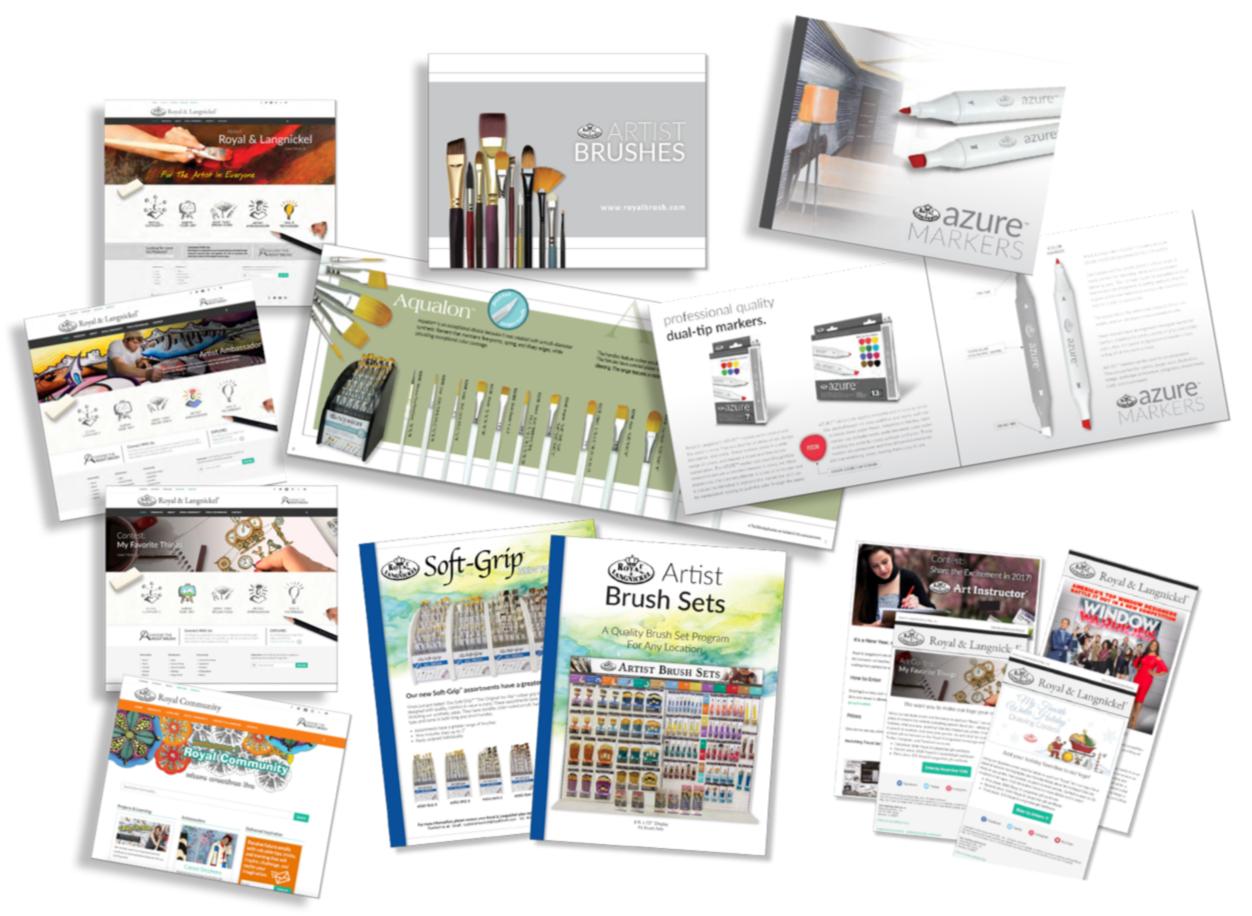 Collection of art supplies catalogs and brochures, including paintbrushes, markers, and art tool sets.