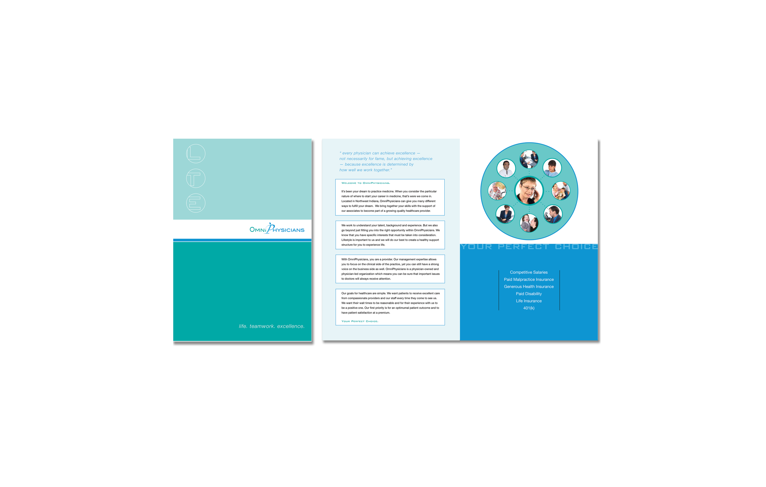 Tri-fold brochure for Omni Physicians featuring blue and white design, team photos, and information about healthcare services and career opportunities.