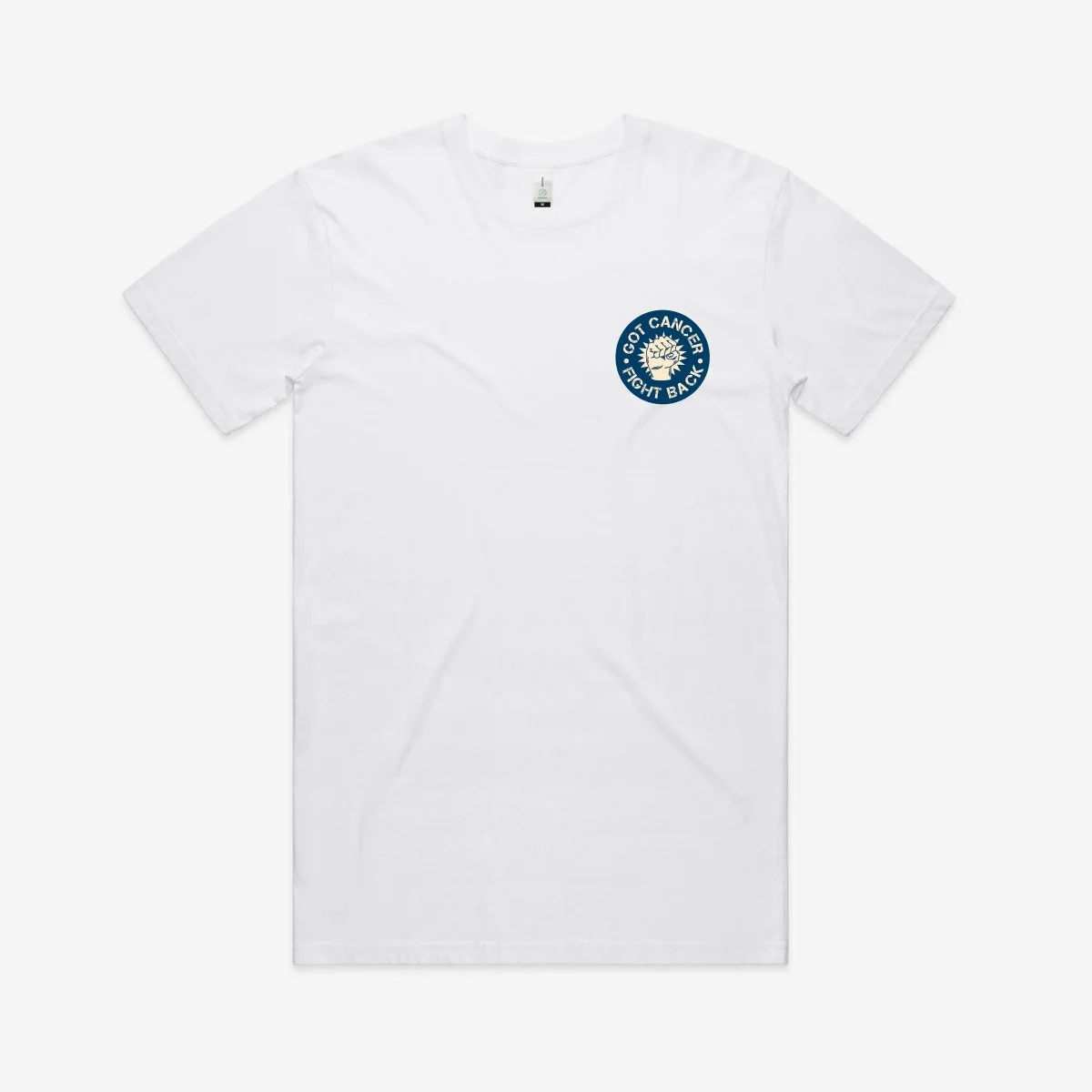 White T-shirt with a circular logo on the left chest that says 'Got Cancer Fight Back' surrounding a stylized tree.