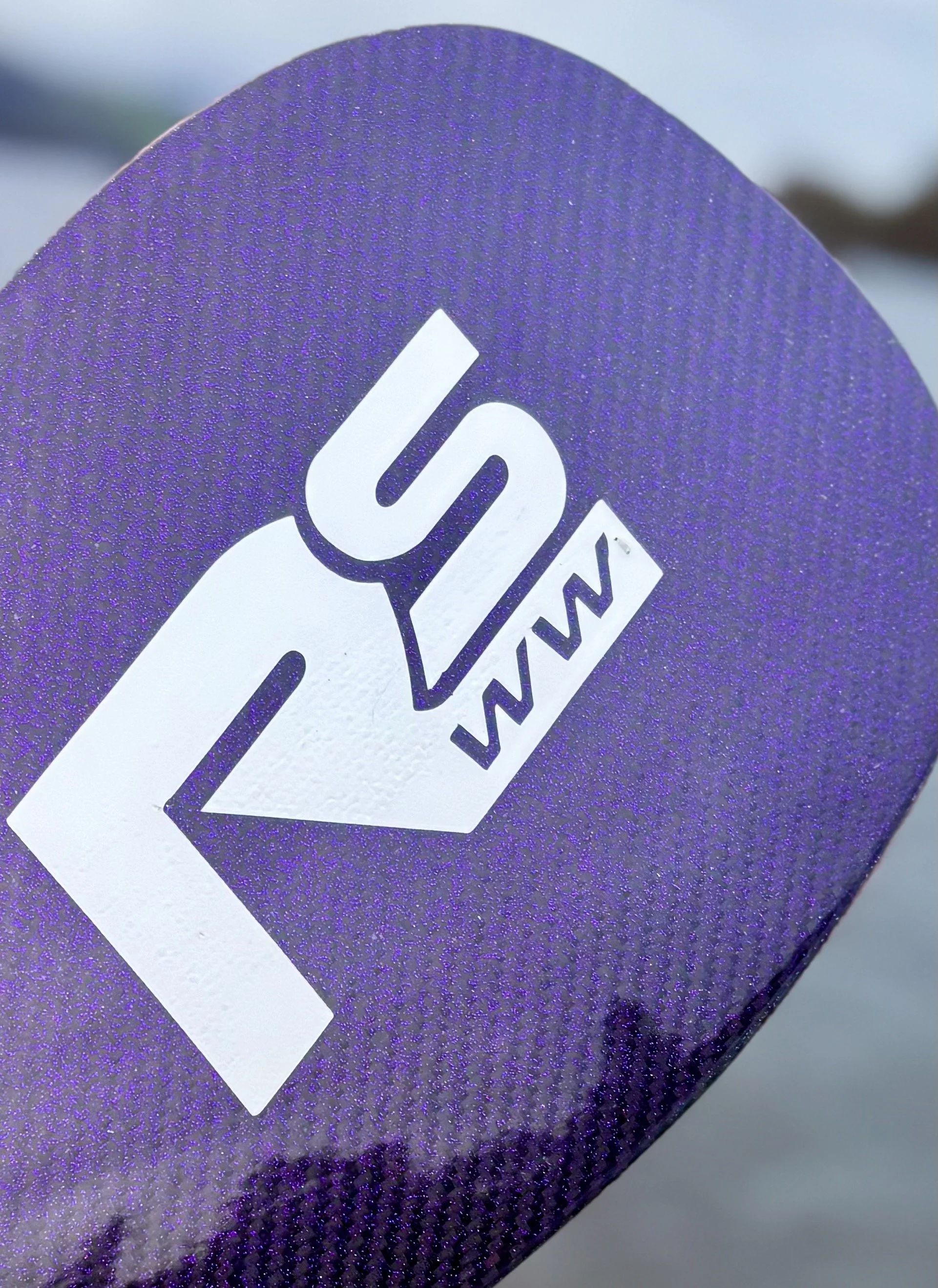 Close-up of a glittery kayak paddles with RS branding.