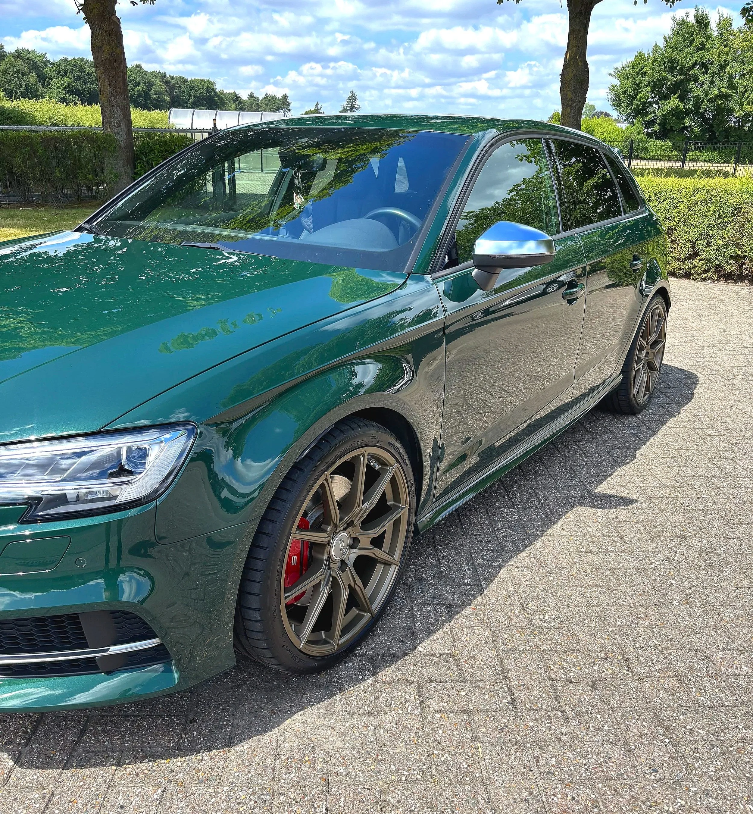 Groene sportieve hatchback auto geparkeerd op een oprit, met binnenzicht op het stuur en de voorstoelen, onder een blauwe lucht met wolken, omgeven door groene bomen en struiken.