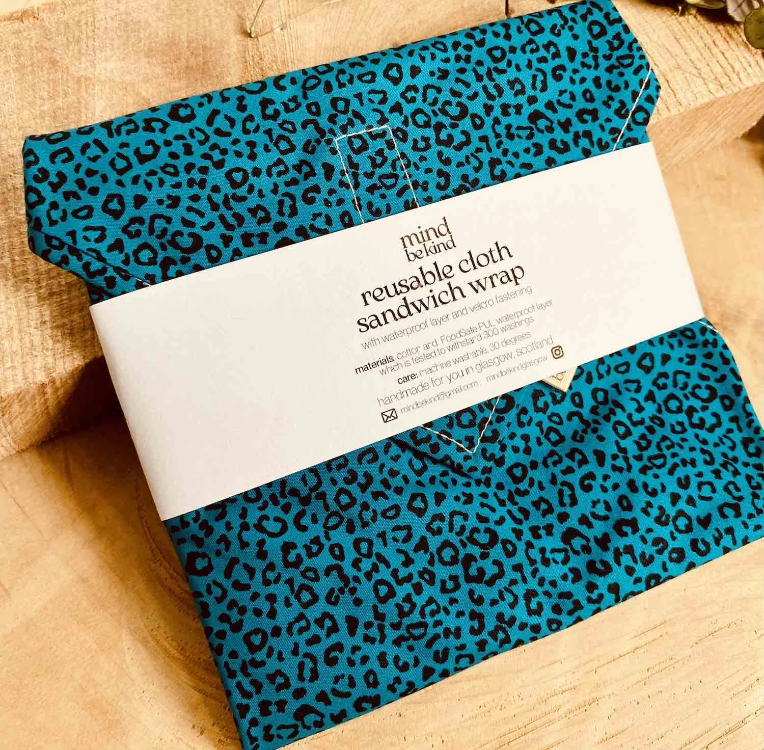 washable cloth sandwich wrap - teal leopard print