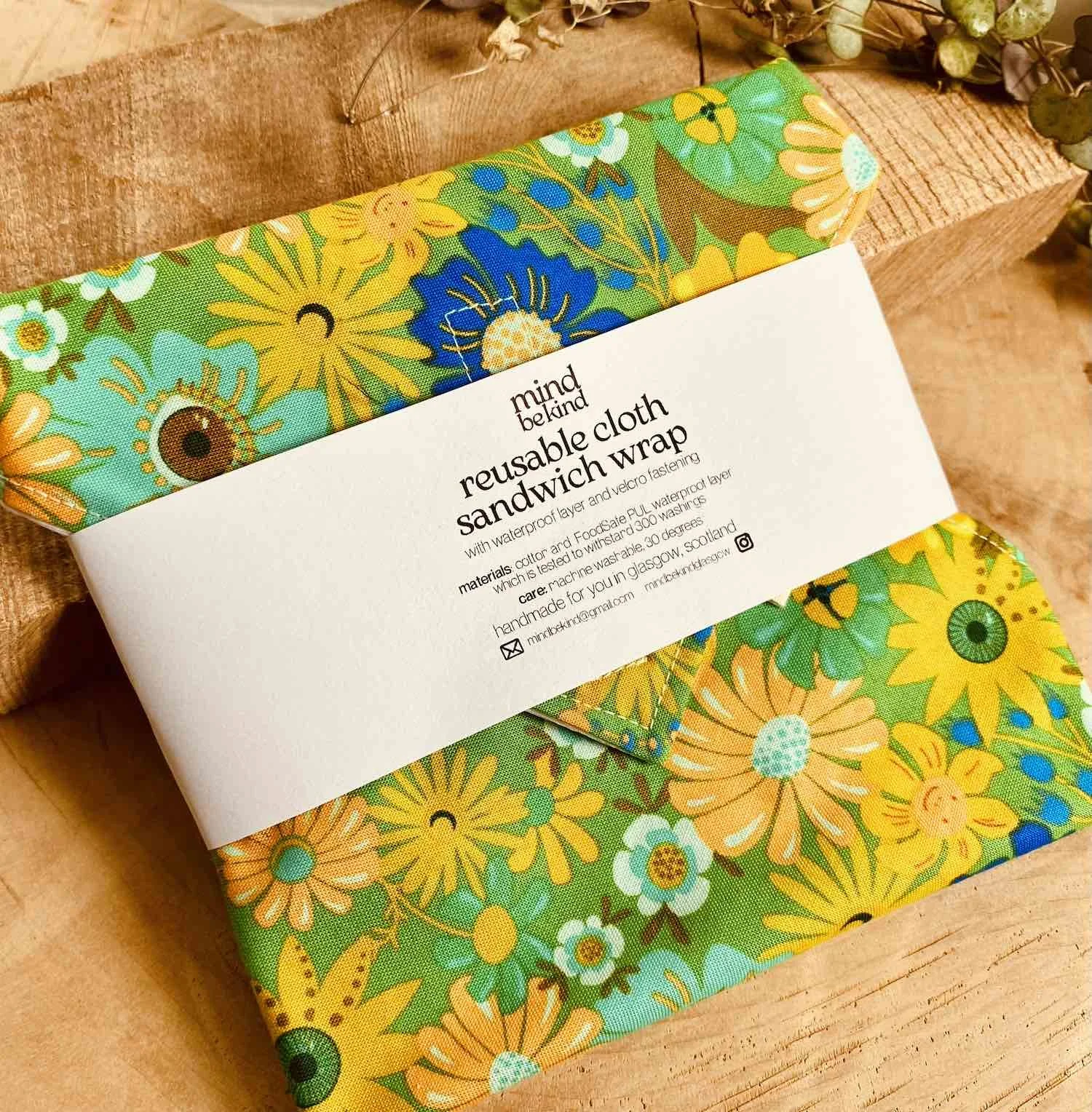 washable cloth sandwich wrap - trippy flowers greens