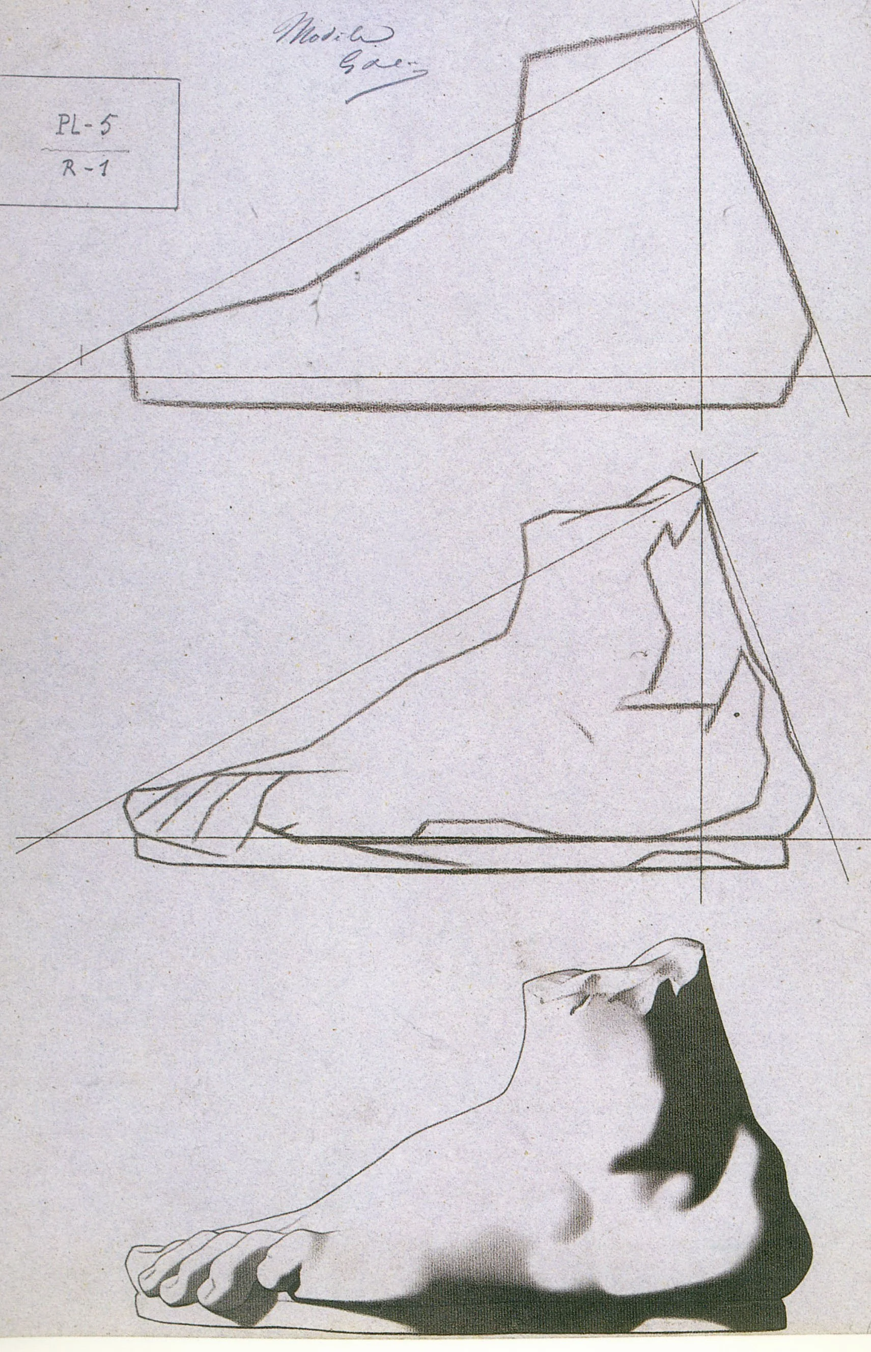 A drawing of a Bargue plate of a foot
