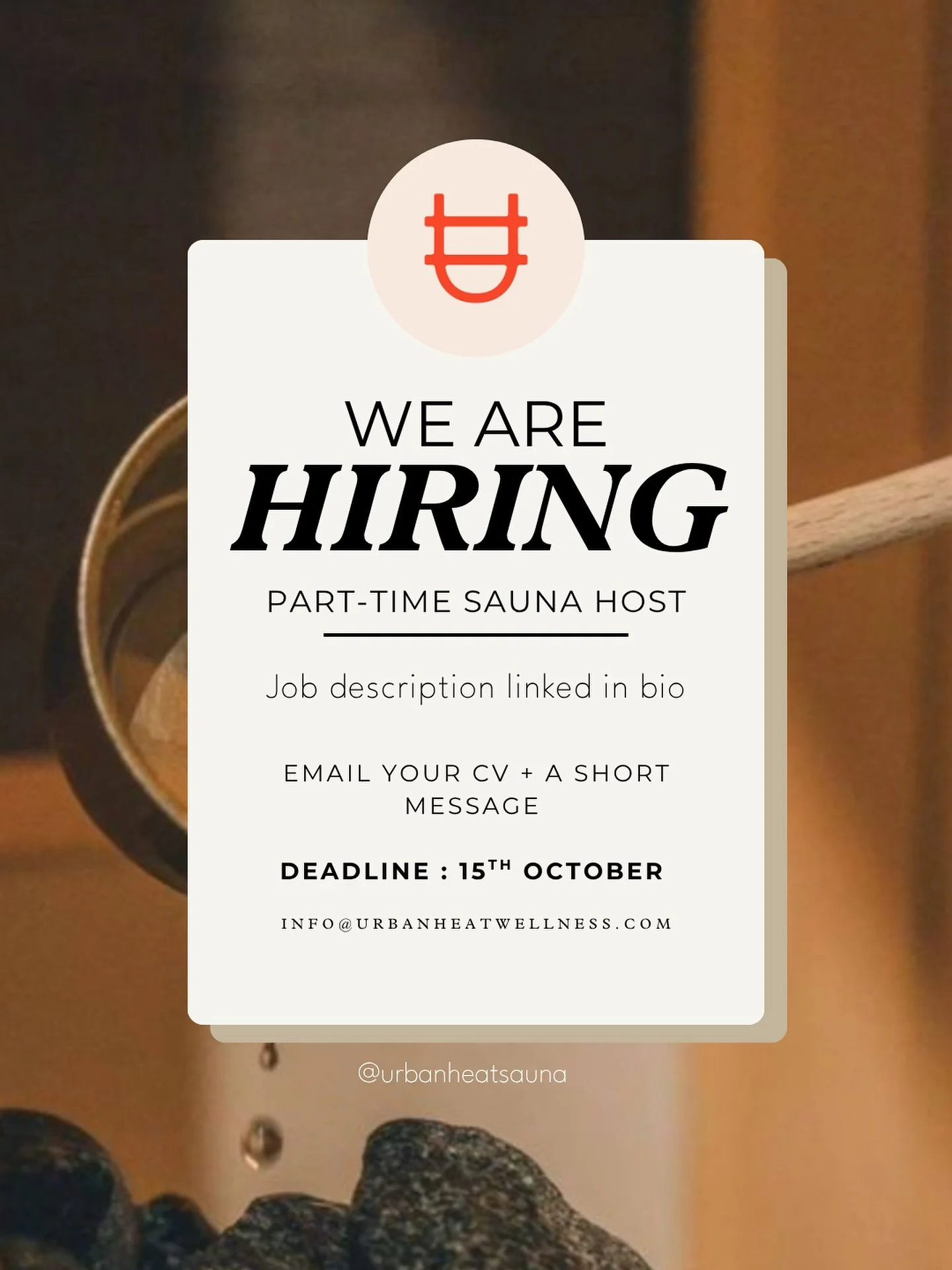 WE&rsquo;RE HIRING! ✨

We&rsquo;re looking for a Sauna Host to join our small team. If you love sauna, connecting with people and creating calm spaces we want to hear from you. 

Location: Camberwell
Part time (mainly weekends)
Fixed term contract 

