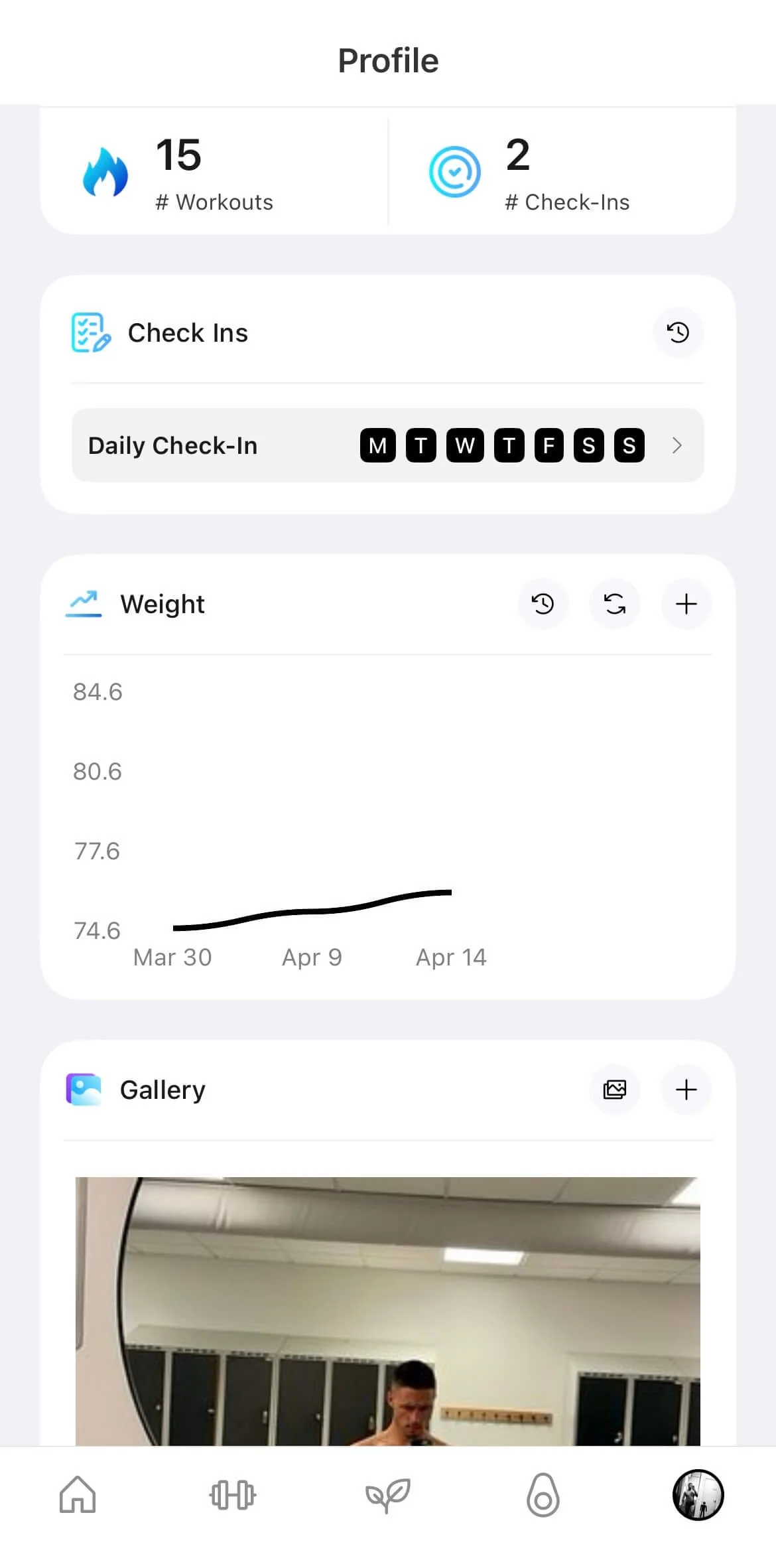 Athlxpro app dashboard showing daily check-in tracker and weight progress graph from March 30 to April 14 with upward trend