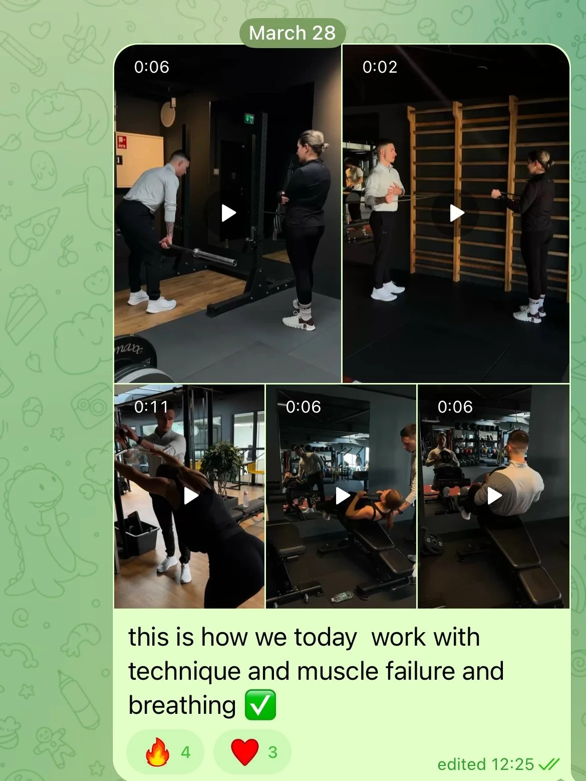 Athlxpro Telegram group message showing video clips of clients training with proper technique, focusing on muscle failure and breathing during workouts