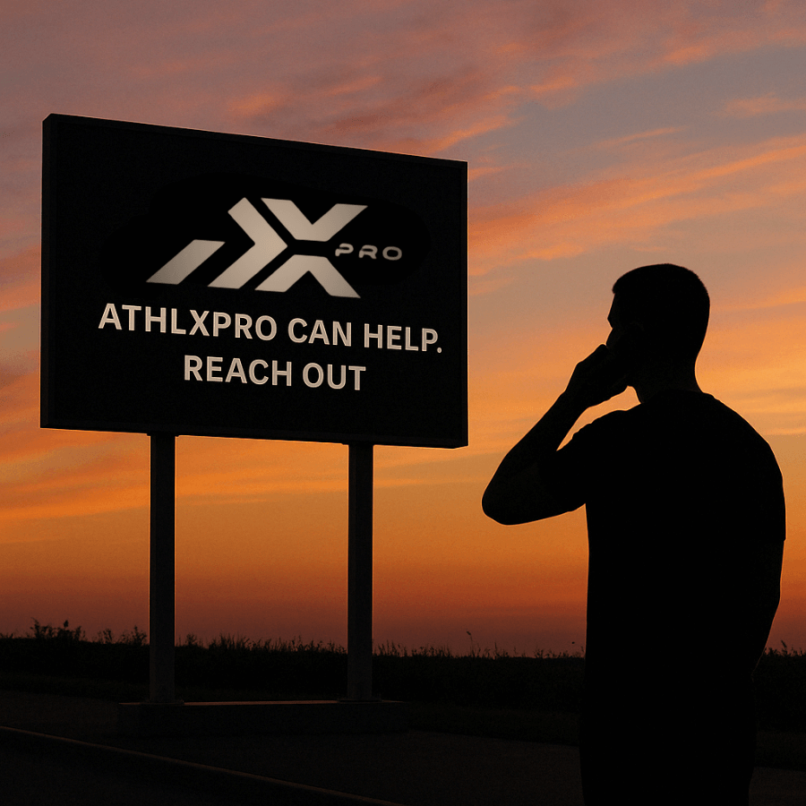 Silhouette of a man making a phone call in front of a billboard at sunset displaying the Athlxpro logo and message 'Athlxpro can help. Reach out.'