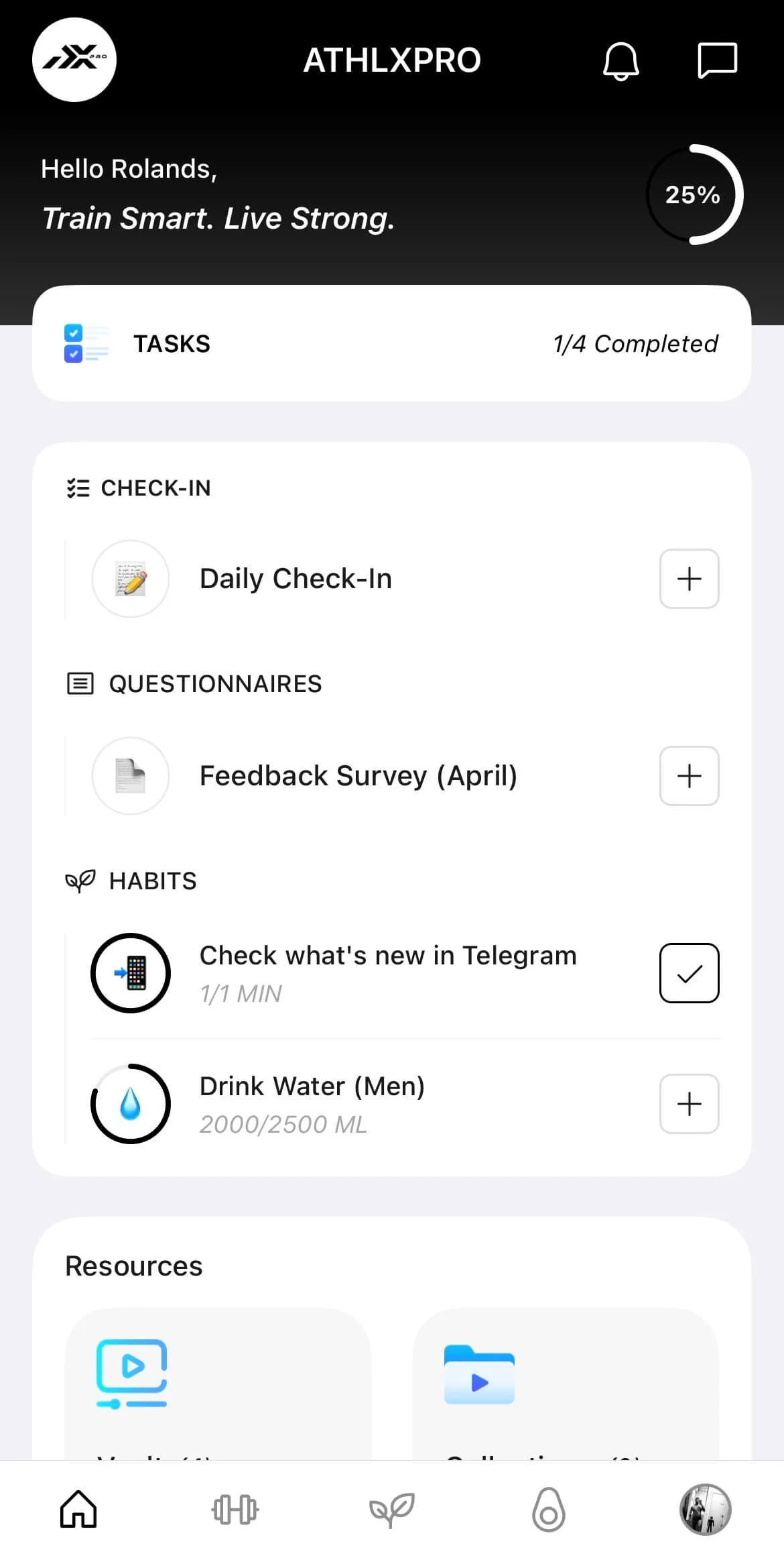 Athlxpro app section showing daily check-in, habit tracking for water intake and Telegram updates, and feedback survey prompt.