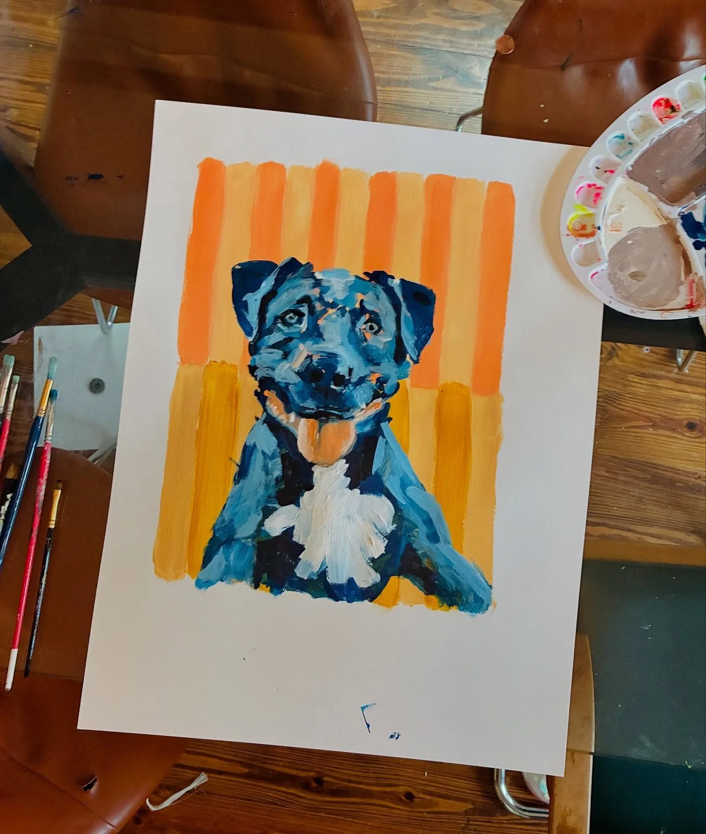 Why am I obsessed with making these bright striped  backgrounds with slightly messy blue dogs?!