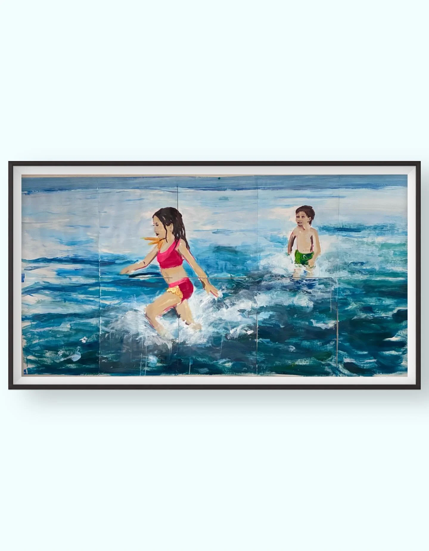 My kids running through the surf. Large messy piece of acrylic on canvas paper art. Currently on display at my ever-changing home gallery 🤣