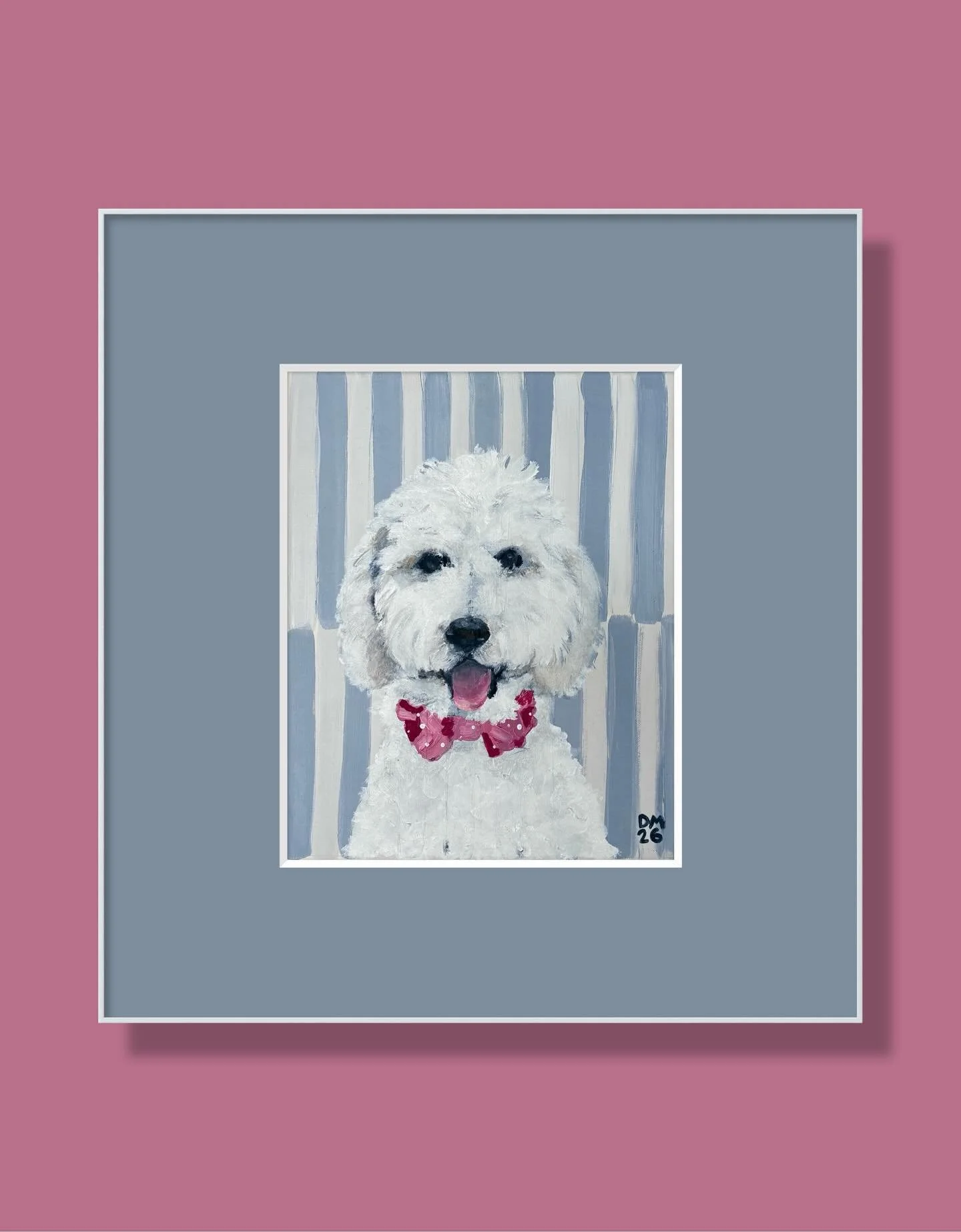 This &ldquo;favorite child&rdquo; was such a joy to paint for @rstoubin! I love the white fluff and the bow tie a the grayish blueish striped background. This is the perfect blend of my style + the clients style! I don&rsquo;t think the photos do thi