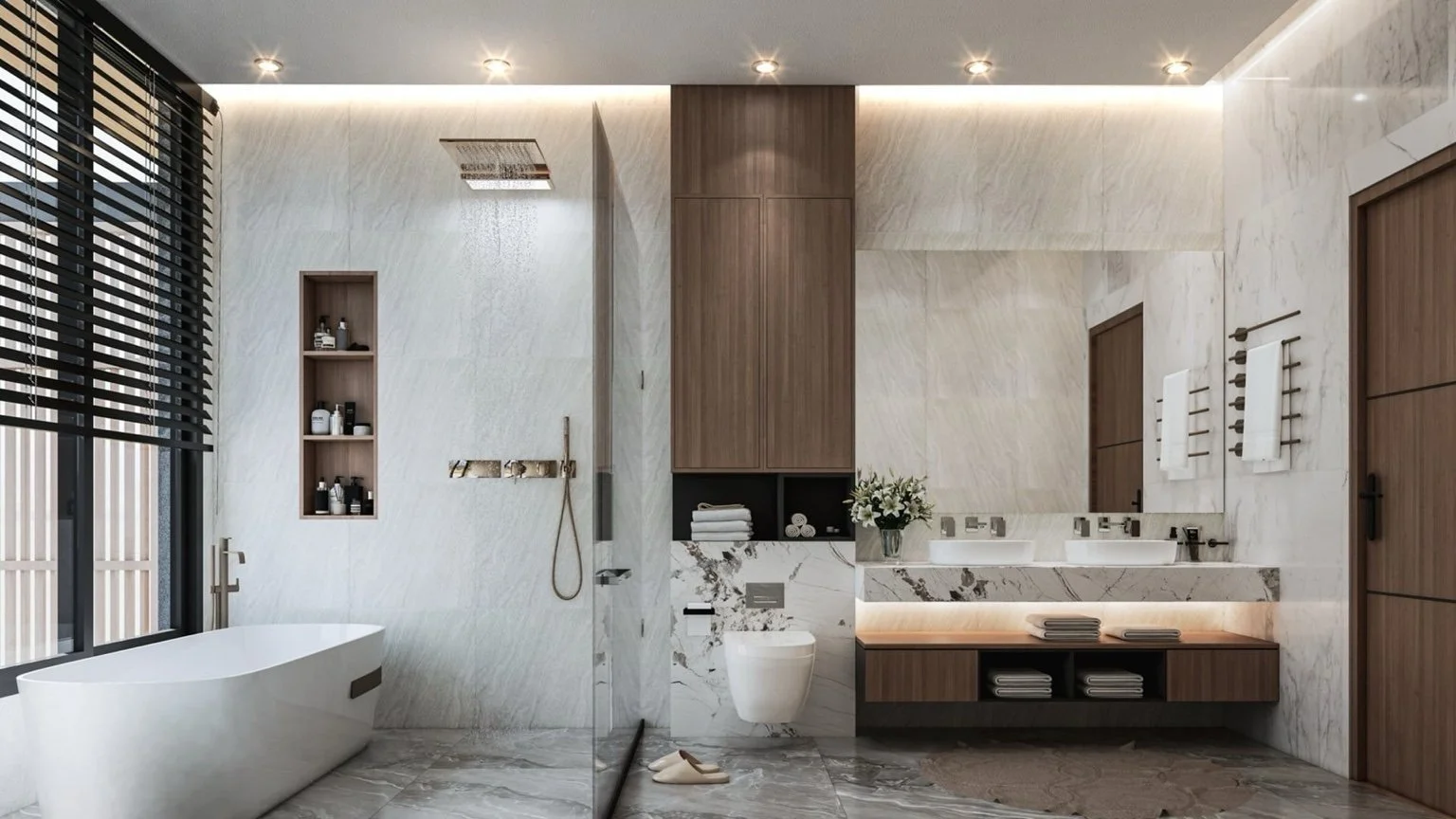 Luxury marble bathroom at Mouana Grande Chalong Bay featuring freestanding tub and rainfall shower.