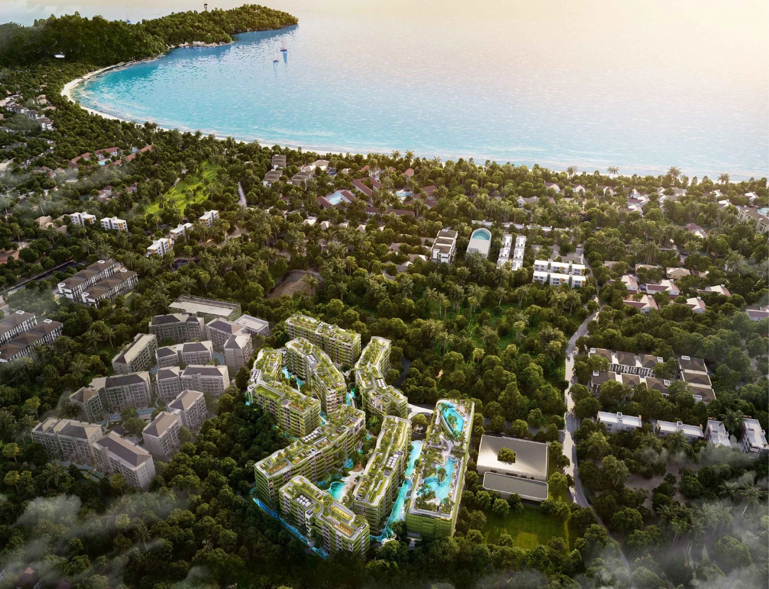 Aerial view of The Modeva and Bang Tao beach in the distance.