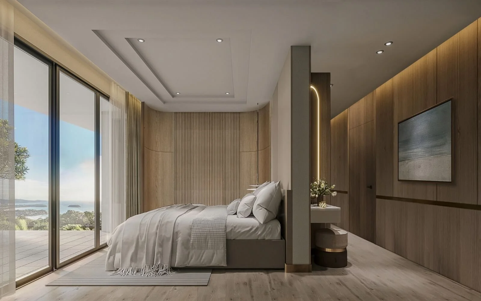 Bedroom at Abov Patong with sea view – modern design with natural tones, large windows, and balcony access