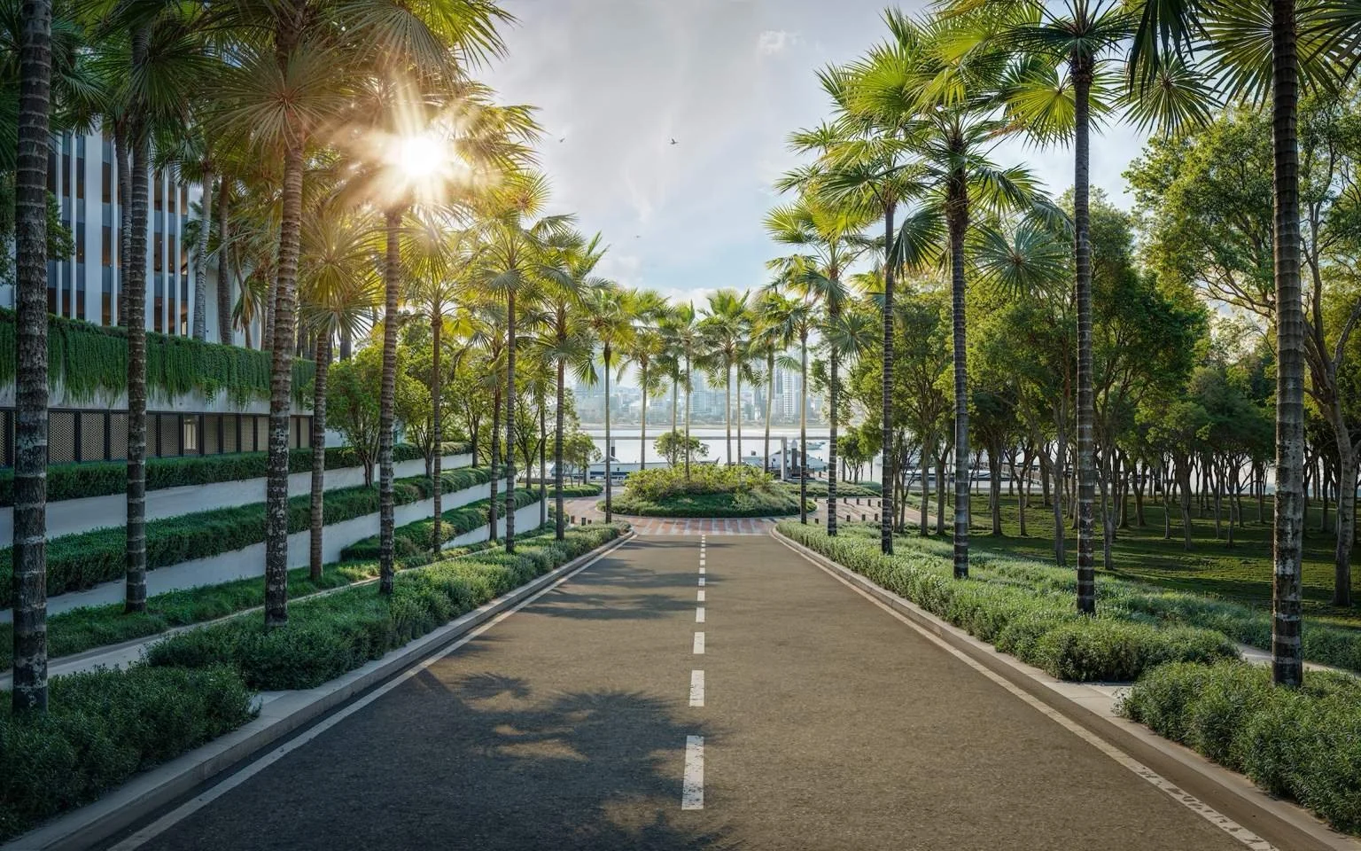 Palm-lined boulevard entrance to Maris at Andaman Island, Penang.
