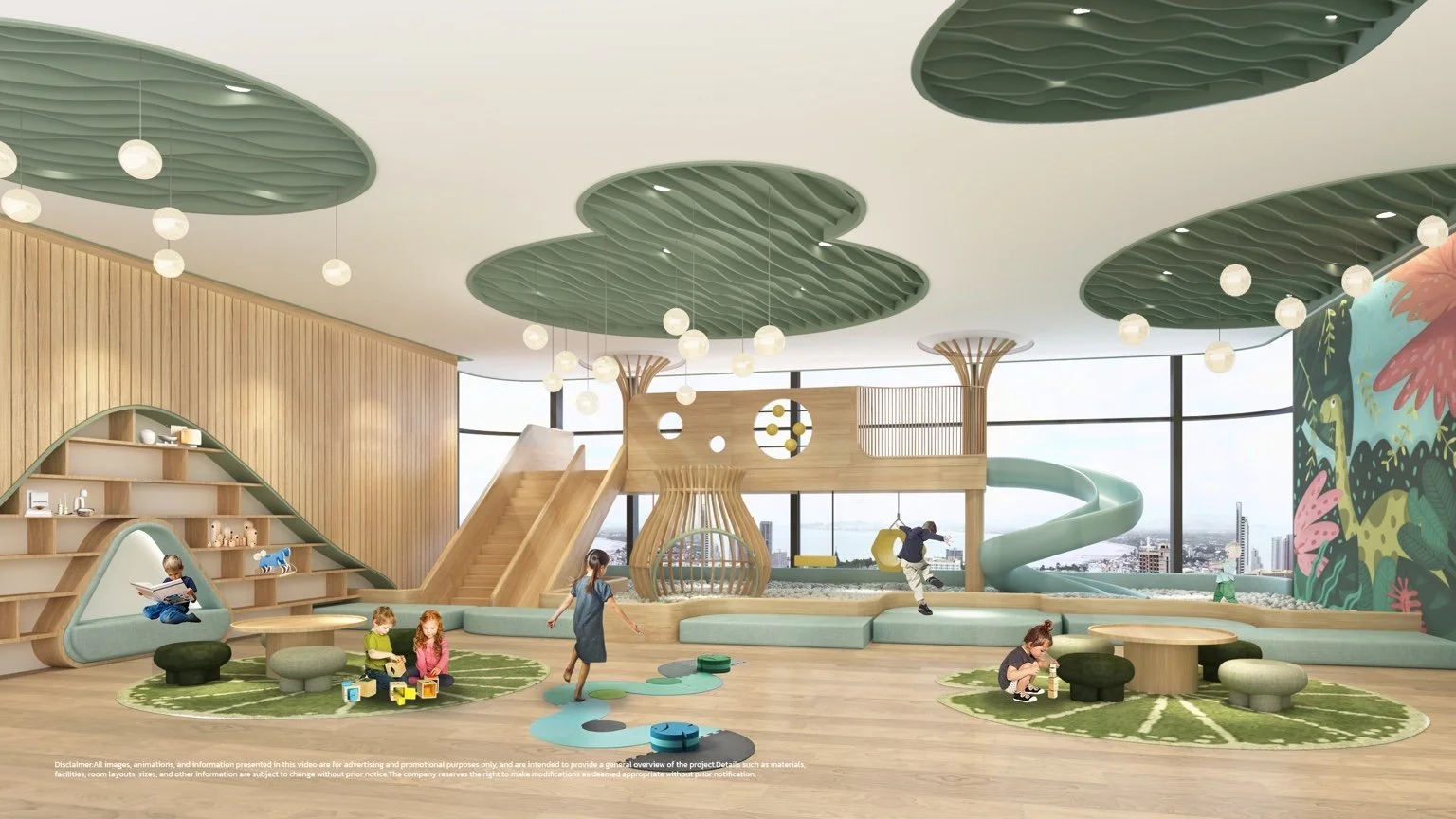Children’s playroom with slide, climbing structure and city views.