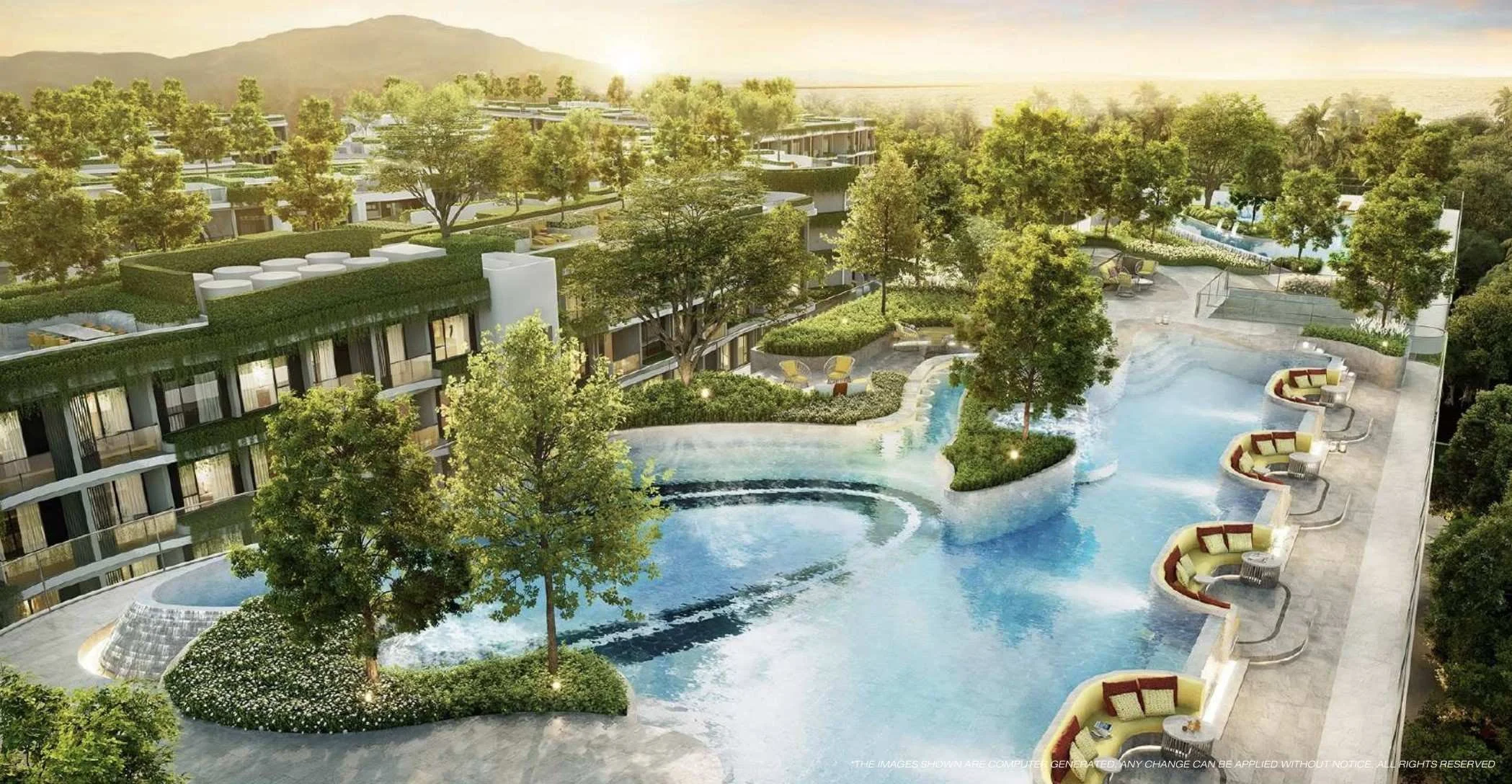 Residential buildings, swimming pool and garden courtyard at The Modeva Phuket.