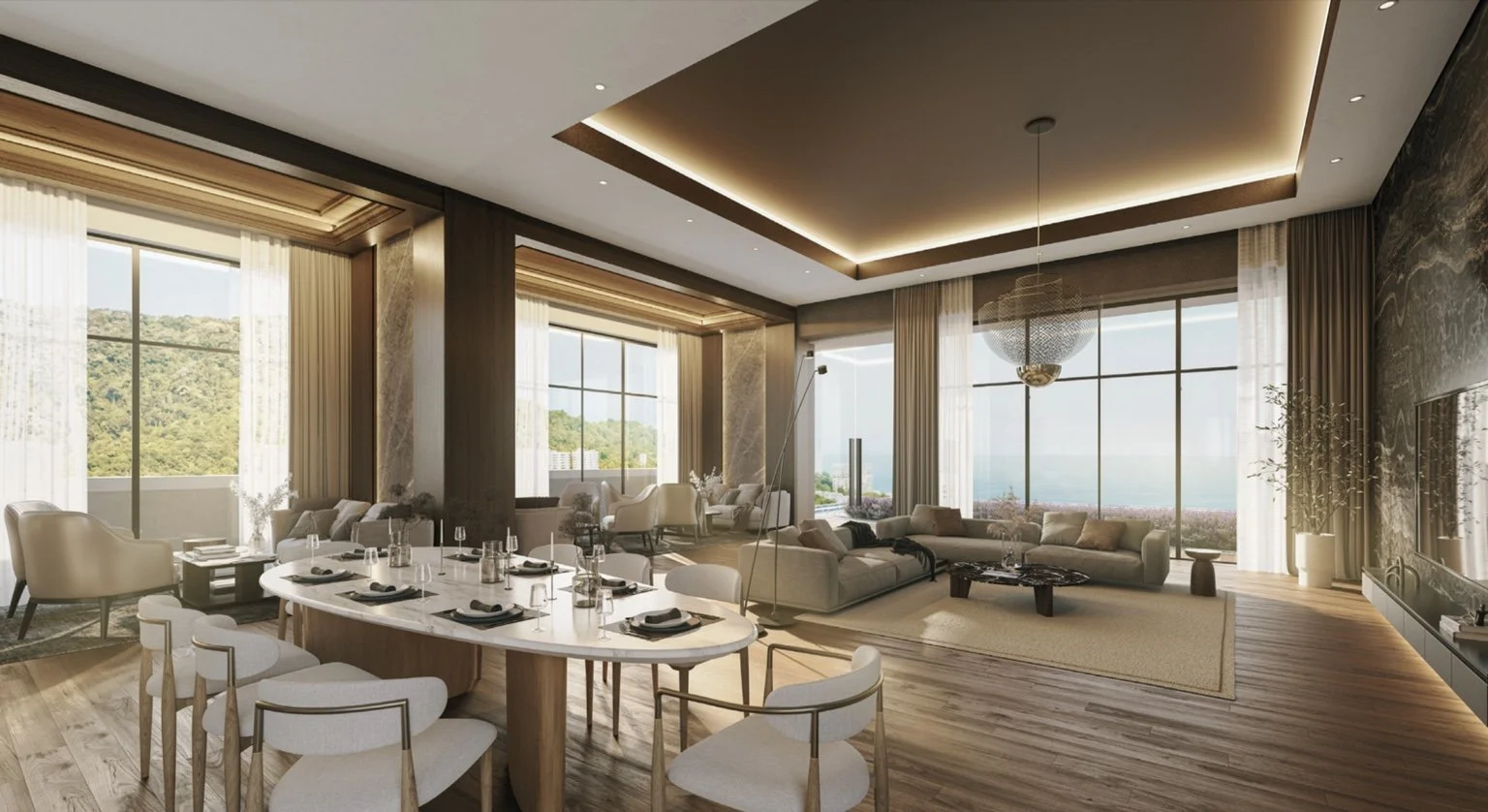 Waterstone Penang premium show unit with open-plan living and dining area and full-height windows.