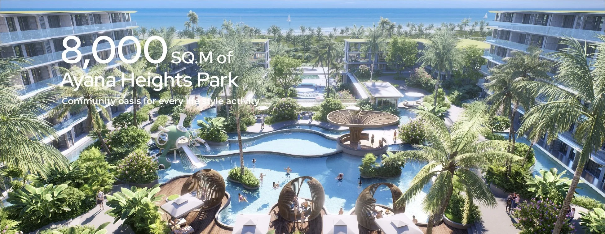 Aerial view of Ayana Heights Park in Phuket, featuring landscaped gardens, family play zones, and lagoon-style pools overlooking the sea