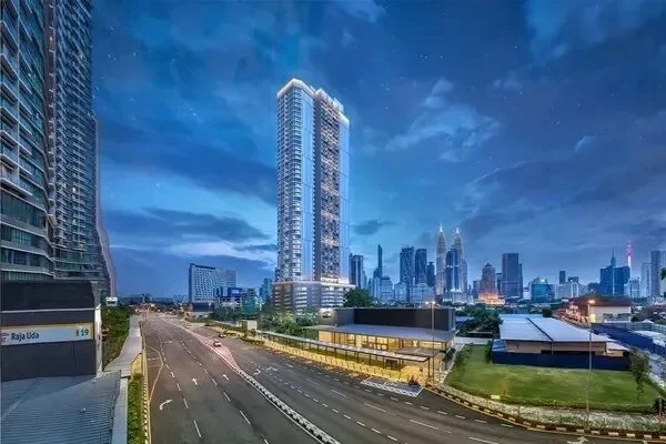 Lofthill Residence night exterior with KLCC view.