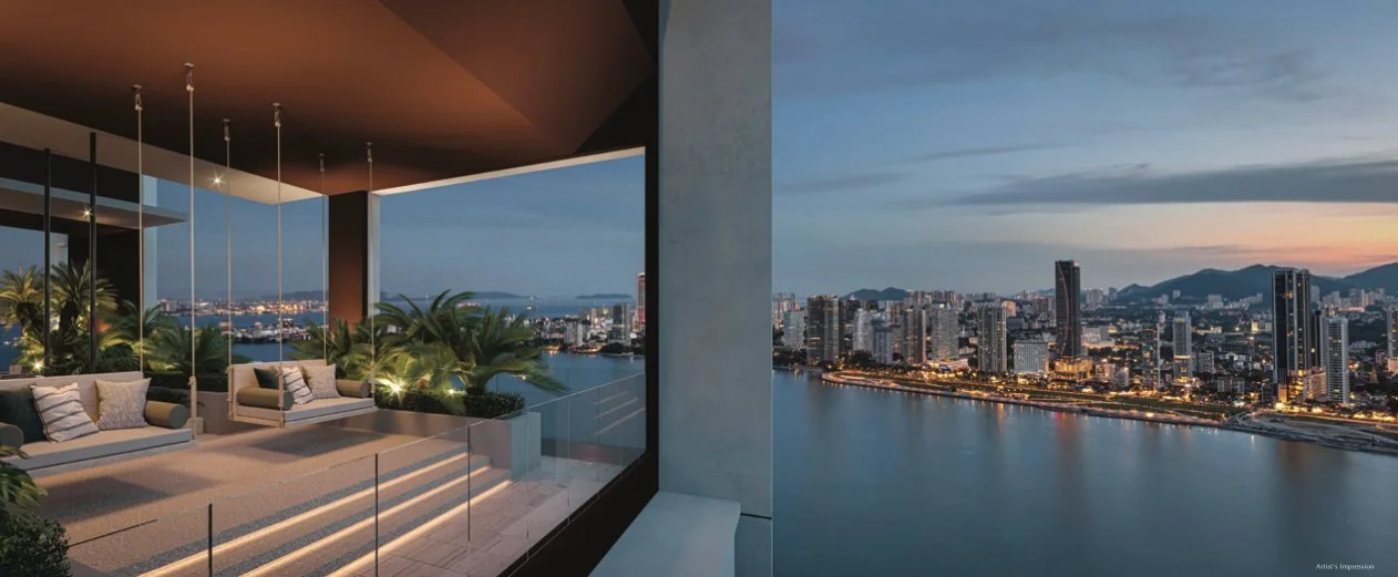 Sky lounge with panoramic views across Penang waterfront.