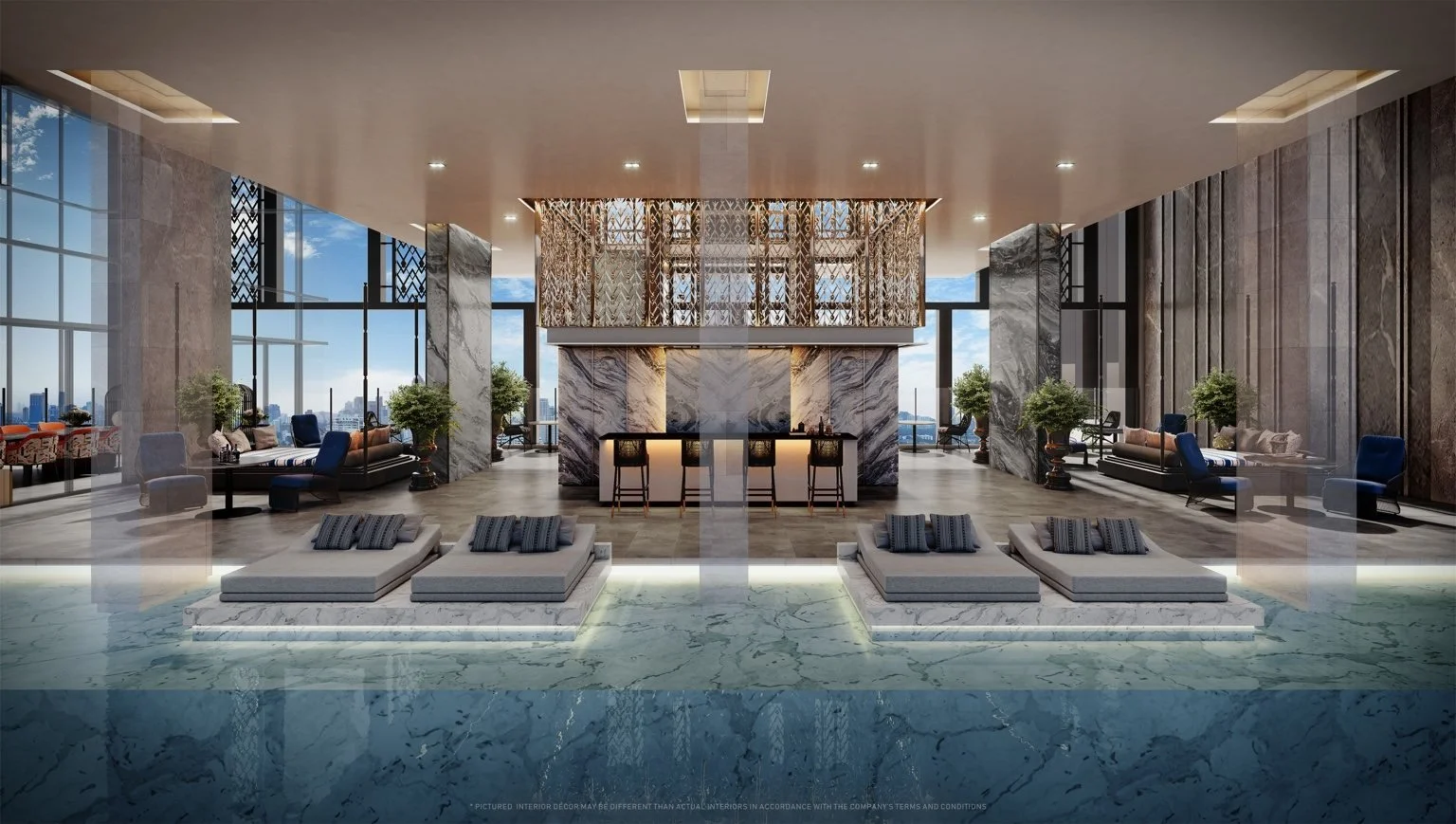 Sky Bar lounge at The Address Siam–Ratchathewi with elevated city views, bar seating and refined social spaces.