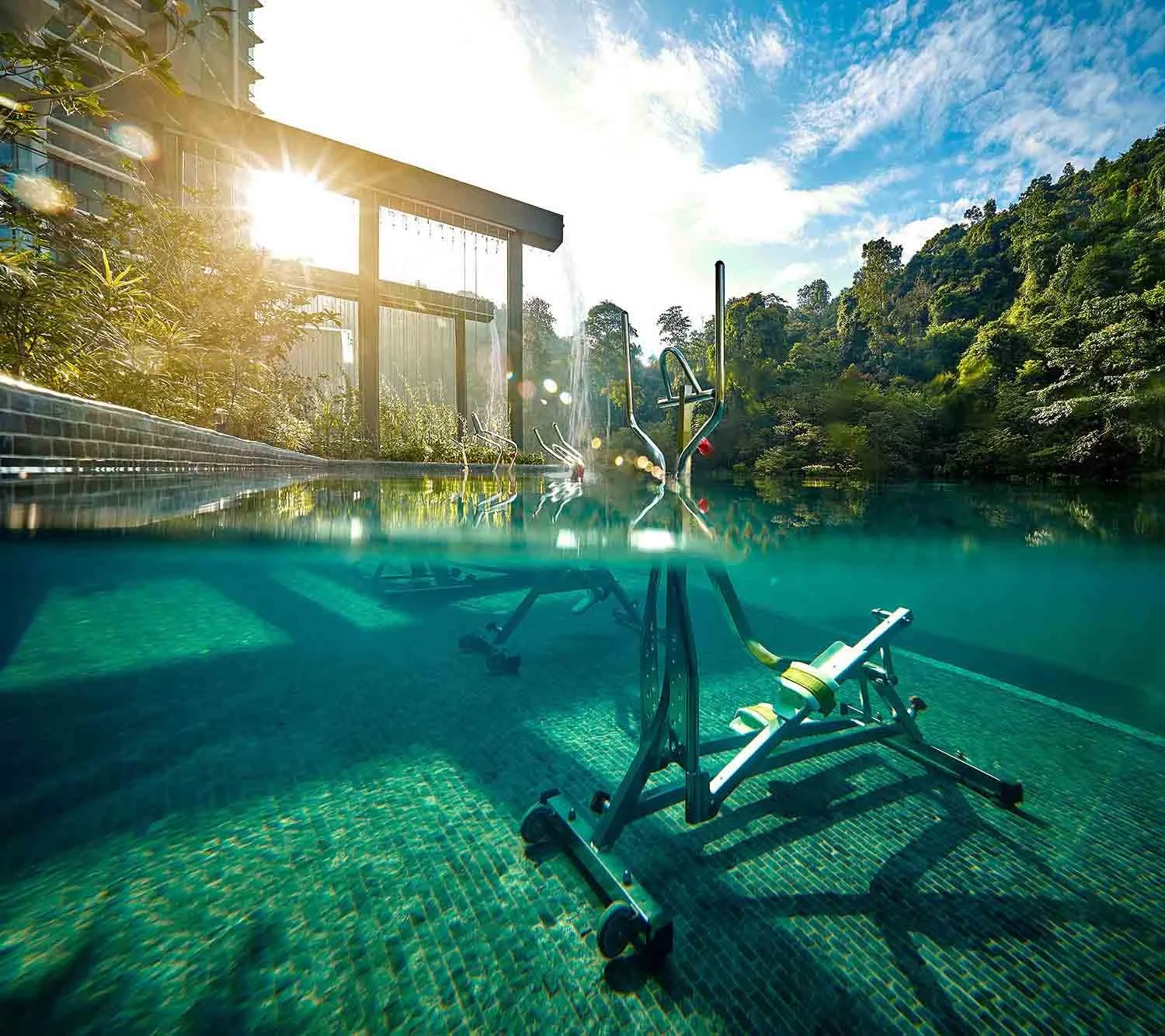 Aqua gym equipment within swimming pool at Alila² lifestyle deck.