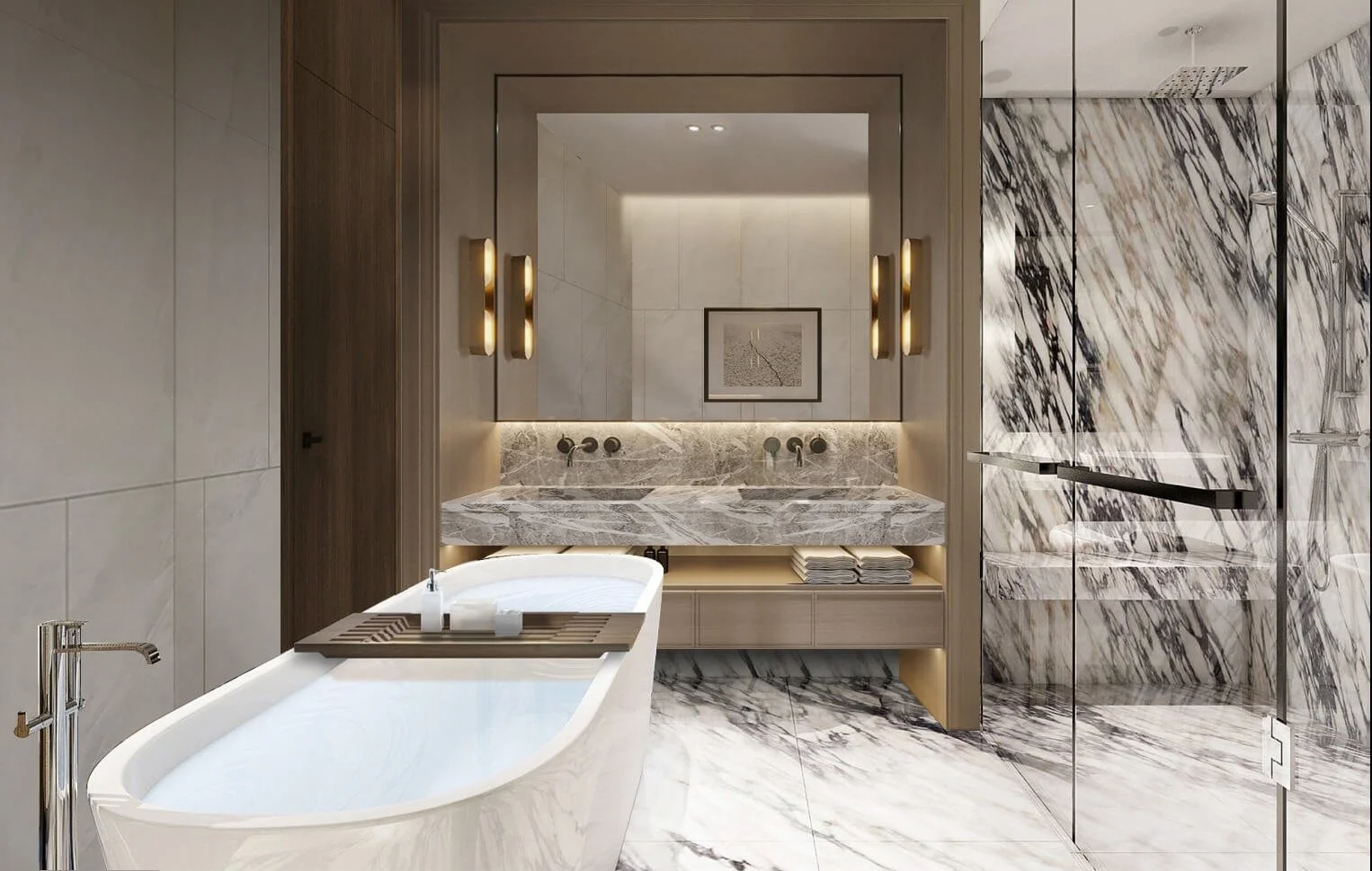 Luxury marble bathroom suite at Abov Patong, Phuket – featuring a freestanding bathtub, double vanity, and rainfall shower