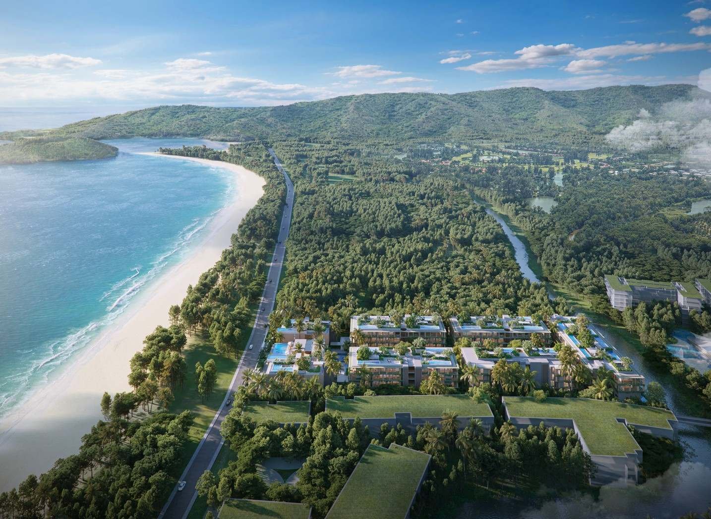 Aerial overview of Gardens of Eden Phuket near Bang Tao Beach, showing the resort-style masterplan set within coastal greenery.