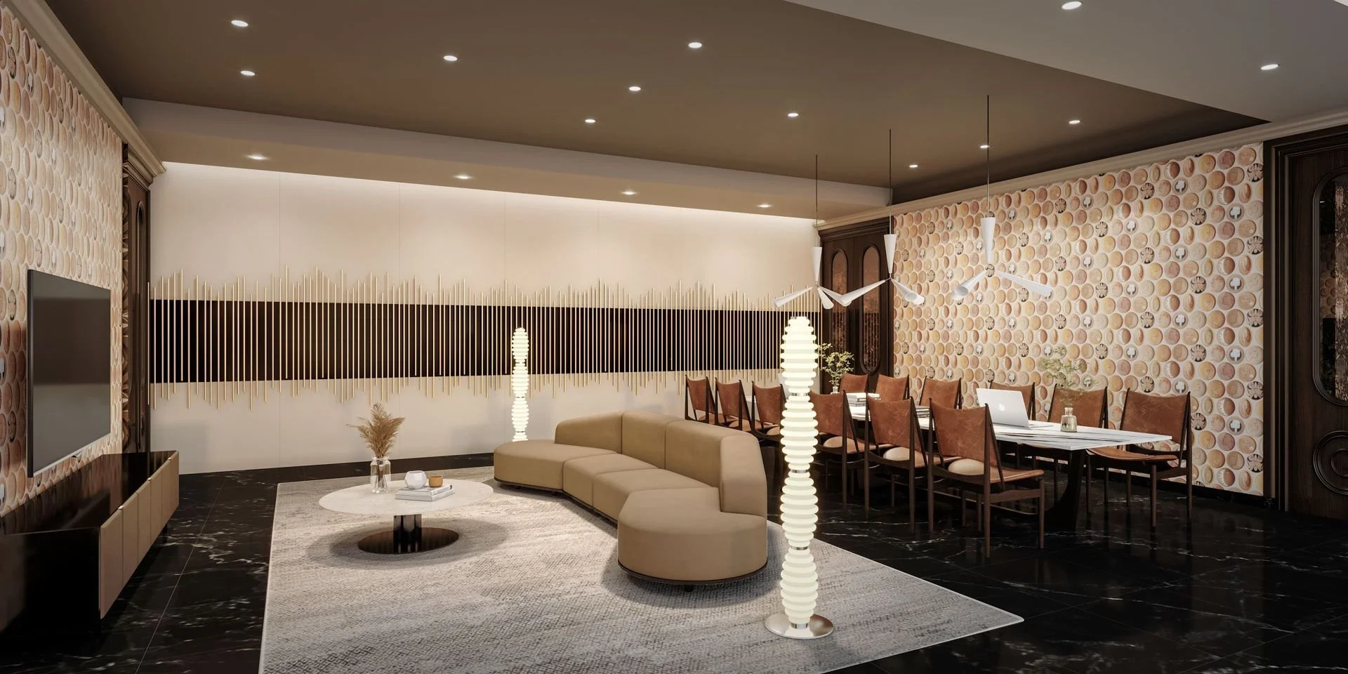 Multipurpose lounge at Noble Form Thonglor with Art Deco design and seating area.