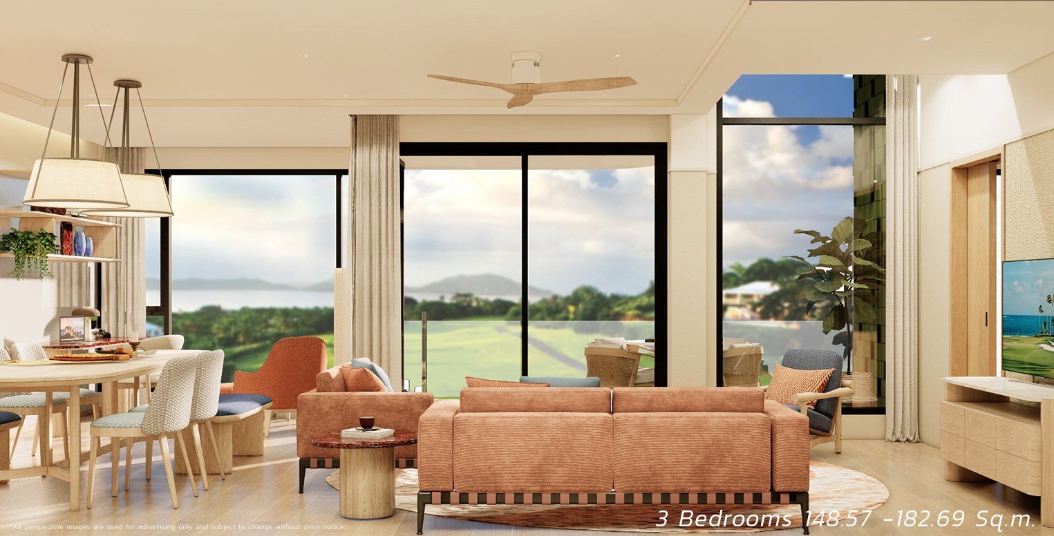 SASA Hua Hin three-bedroom condo living room with floor-to-ceiling windows and golf course views.