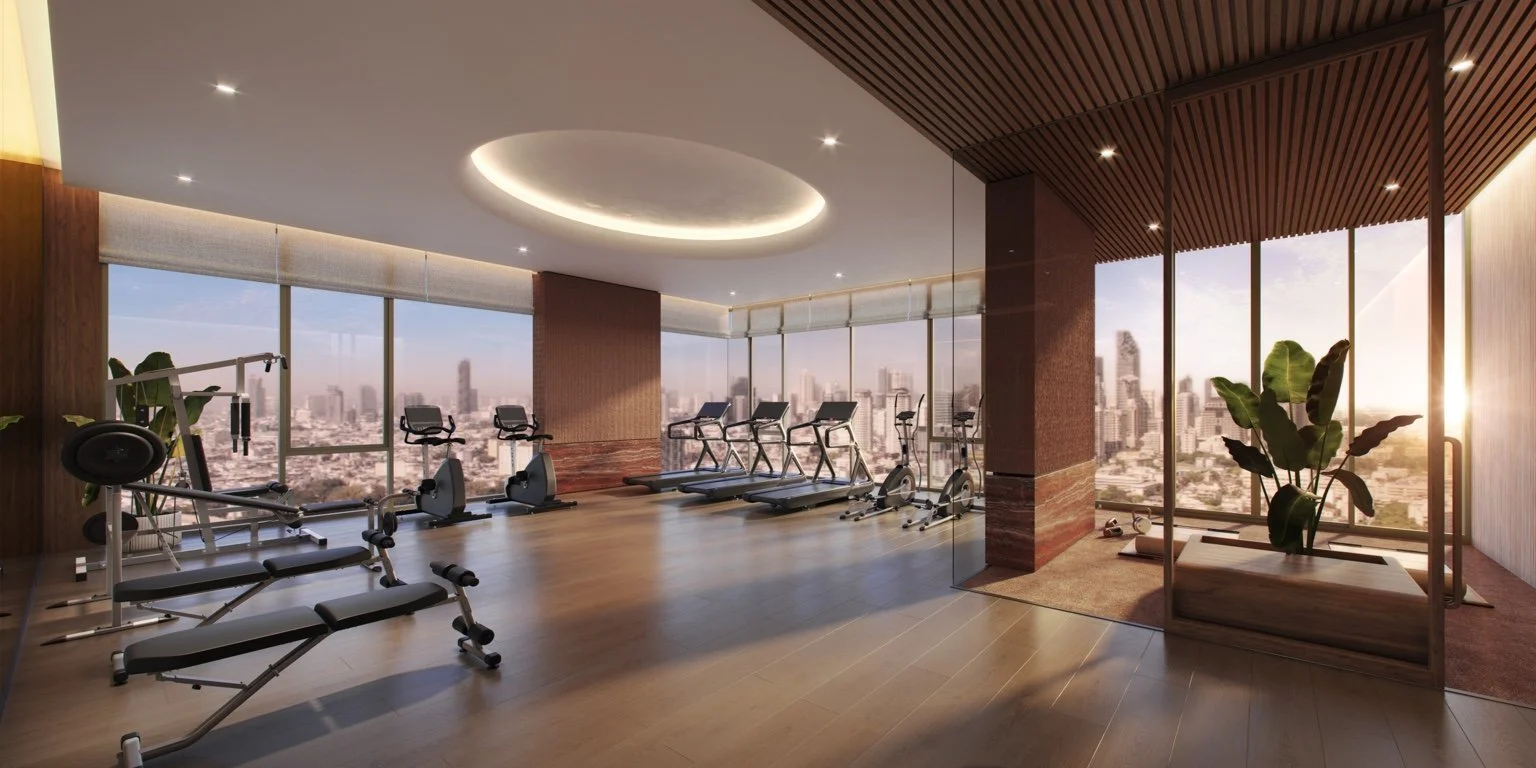 Fitness suite with panoramic Bangkok skyline views at Widen by Sansiri.