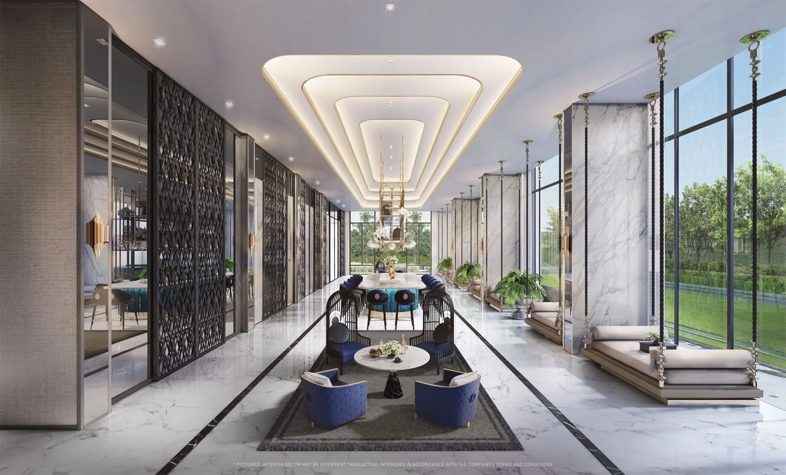 The Blue Saloon seating corridor at The Address Siam–Ratchathewi with marble finishes, suspended seats and garden outlook.