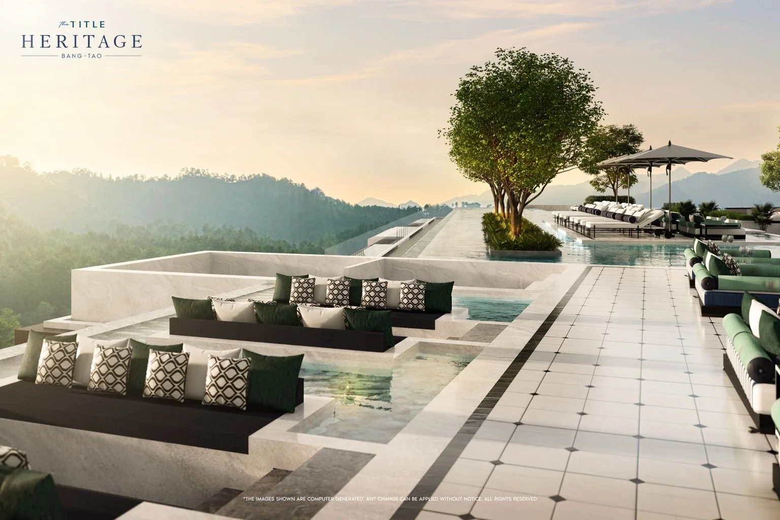 Elevated sky-terrace pool deck with seating and views over the landscaped courtyard at The Title Heritage Bang Tao.